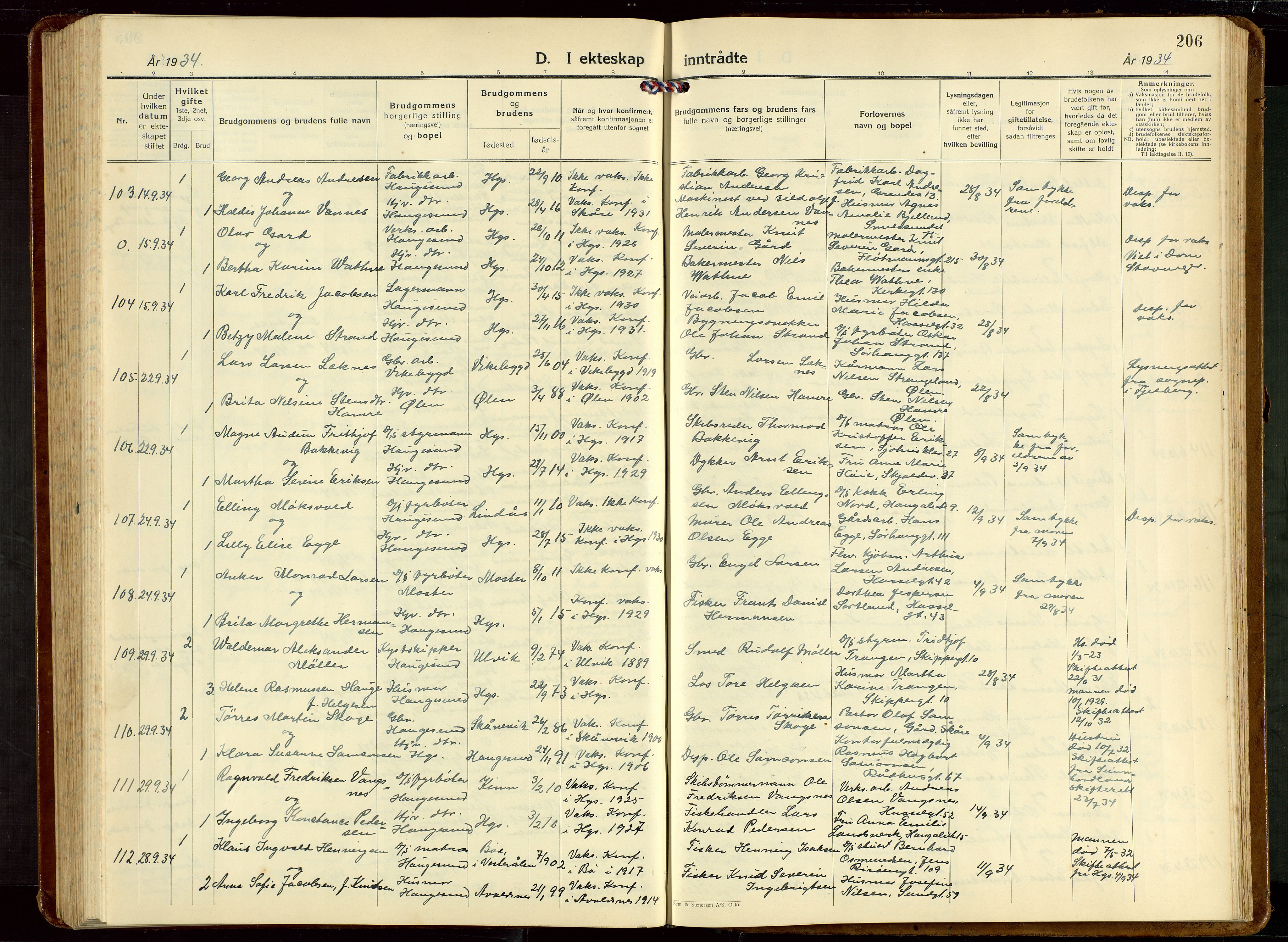 Haugesund sokneprestkontor, AV/SAST-A -101863/H/Ha/Hab/L0013: Klokkerbok nr. B 13, 1931-1943, s. 206