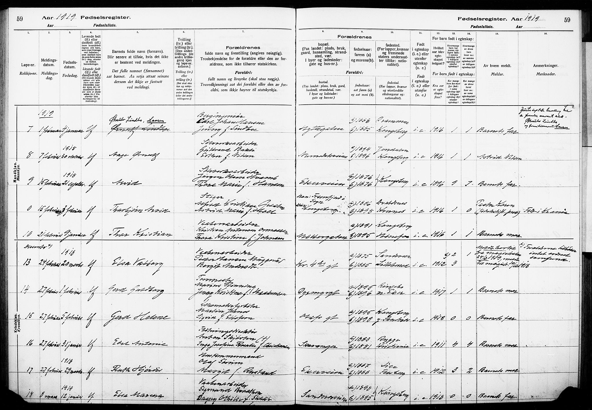 Kongsberg kirkebøker, AV/SAKO-A-22/J/Ja/L0001: Fødselsregister nr. I 1, 1916-1927, s. 59
