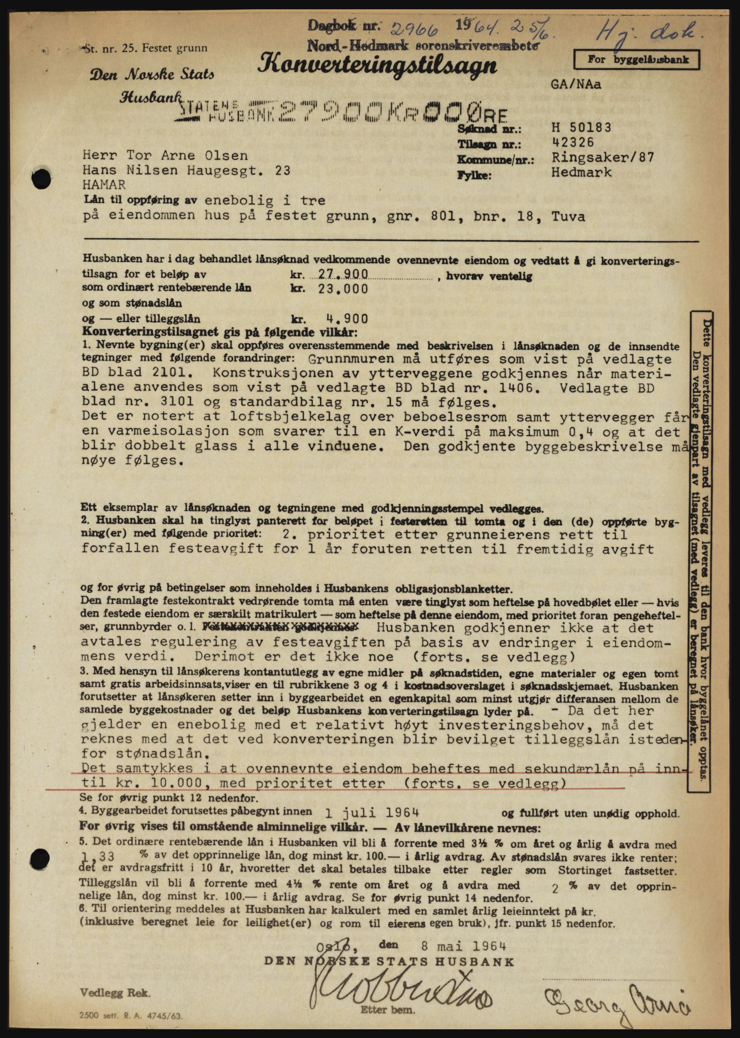Nord-Hedmark sorenskriveri, SAH/TING-012/H/Hc/L0020: Pantebok nr. 20, 1964-1964, Dagboknr: 2966/1964