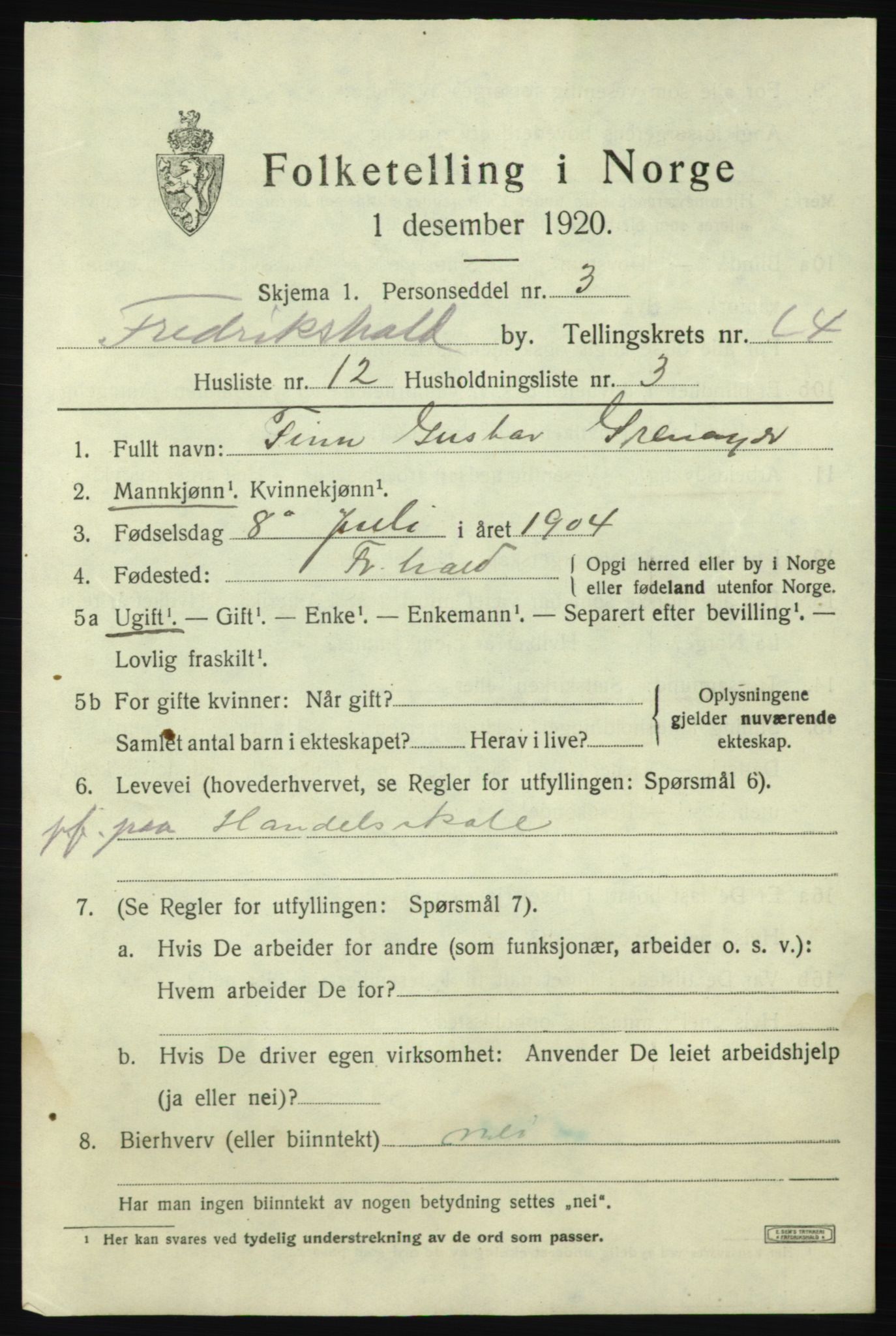 SAO, Folketelling 1920 for 0101 Fredrikshald kjøpstad, 1920, s. 22497