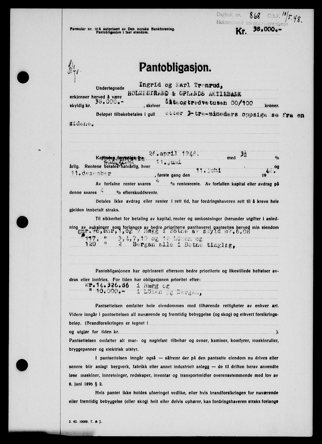 Holmestrand sorenskriveri, SAKO/A-67/G/Ga/Gab/L0058: Pantebok nr. B-58, 1947-1948, Dagboknr: 868/1948