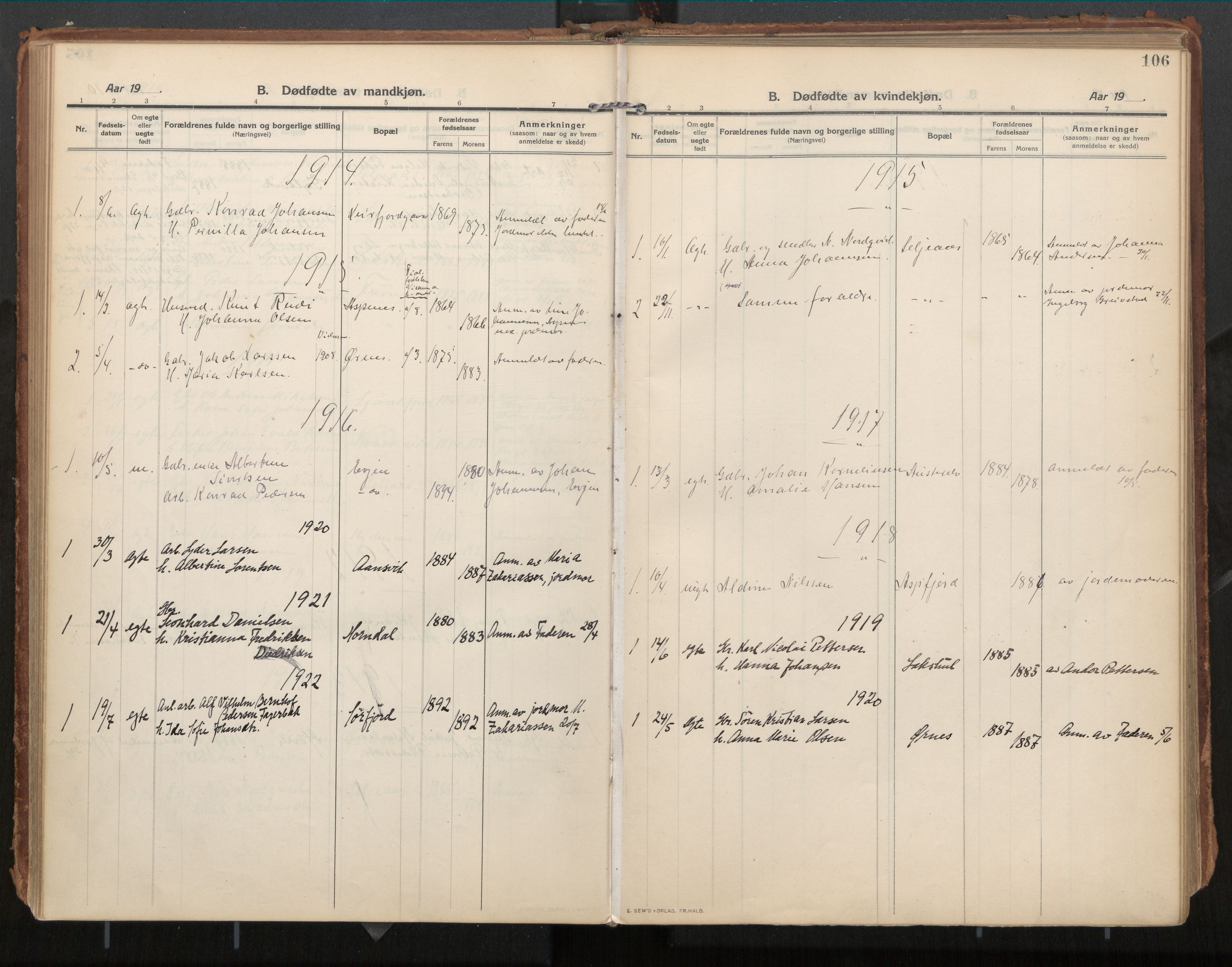 Ministerialprotokoller, klokkerbøker og fødselsregistre - Nordland, AV/SAT-A-1459/854/L0784: Ministerialbok nr. 854A07, 1910-1922, s. 106