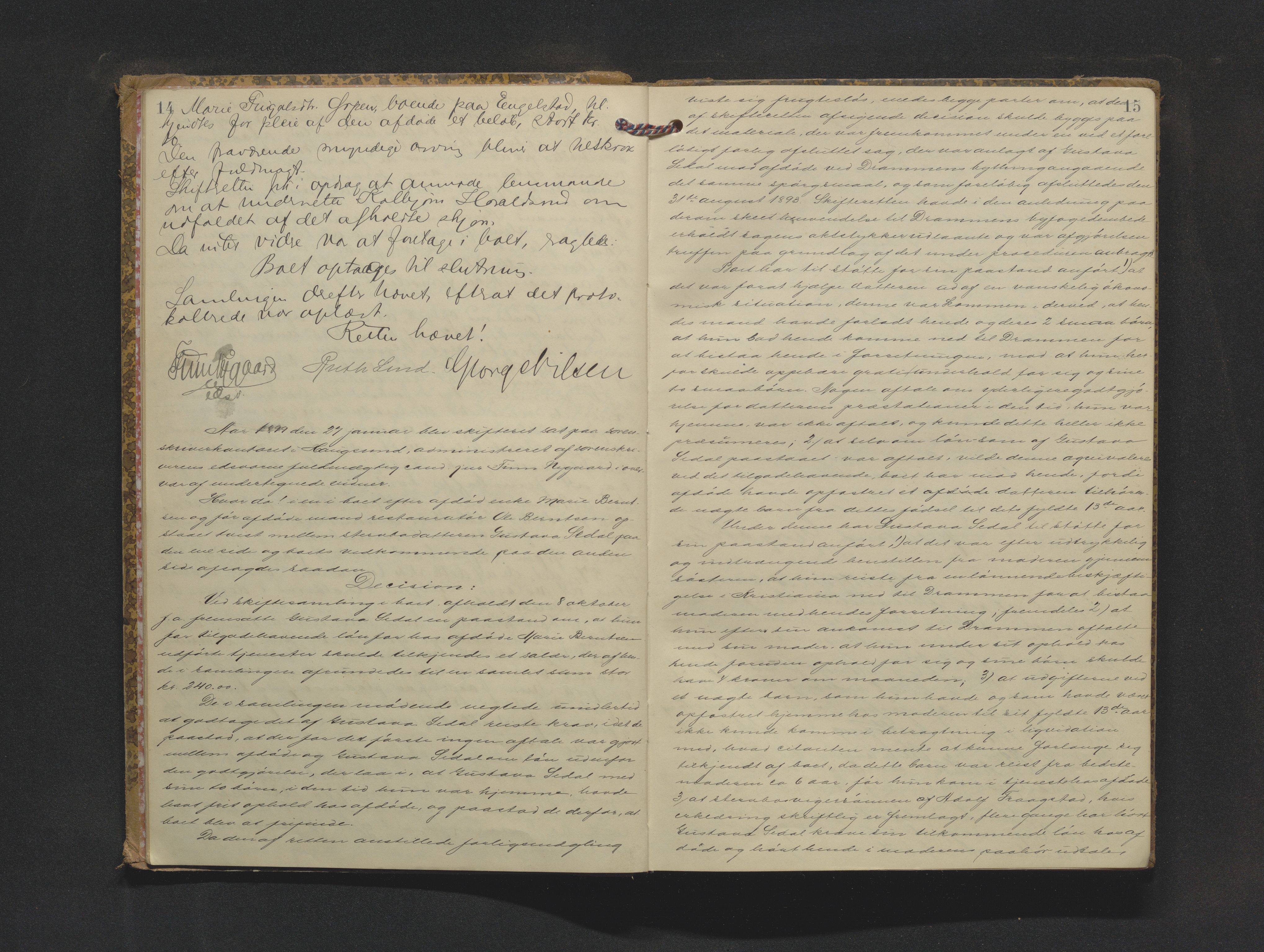 Eiker, Modum og Sigdal sorenskriveri, AV/SAKO-A-123/H/Hb/Hbb/Hbbd/L0005: Registrerings- og forhandlingsprotokoll, 1898-1908, s. 14-15