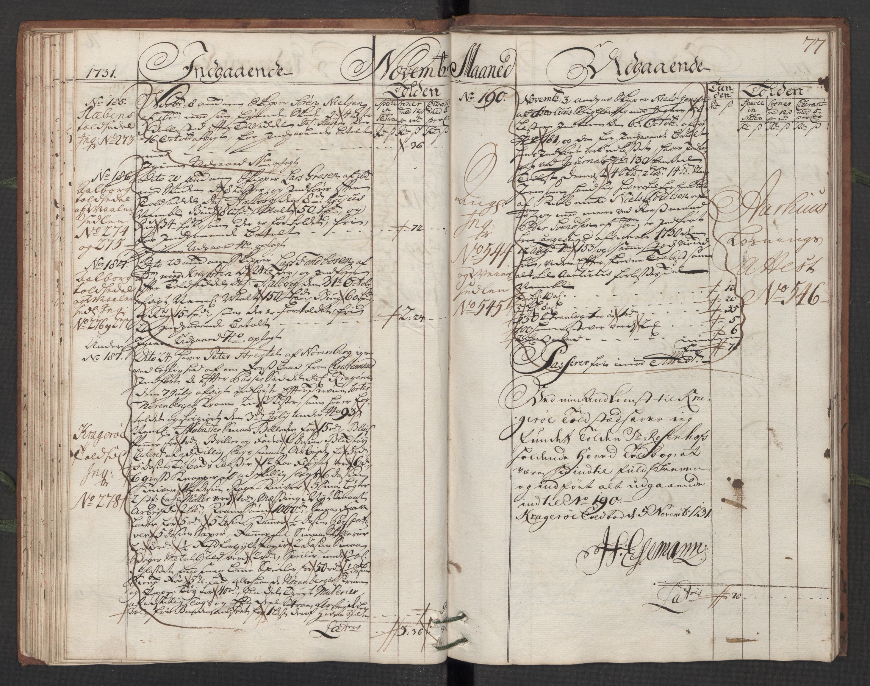 Generaltollkammeret, tollregnskaper, RA/EA-5490/R13/L0006/0001: Tollregnskaper Kragerø / Hovedtollbok, 1731, s. 76b-77a
