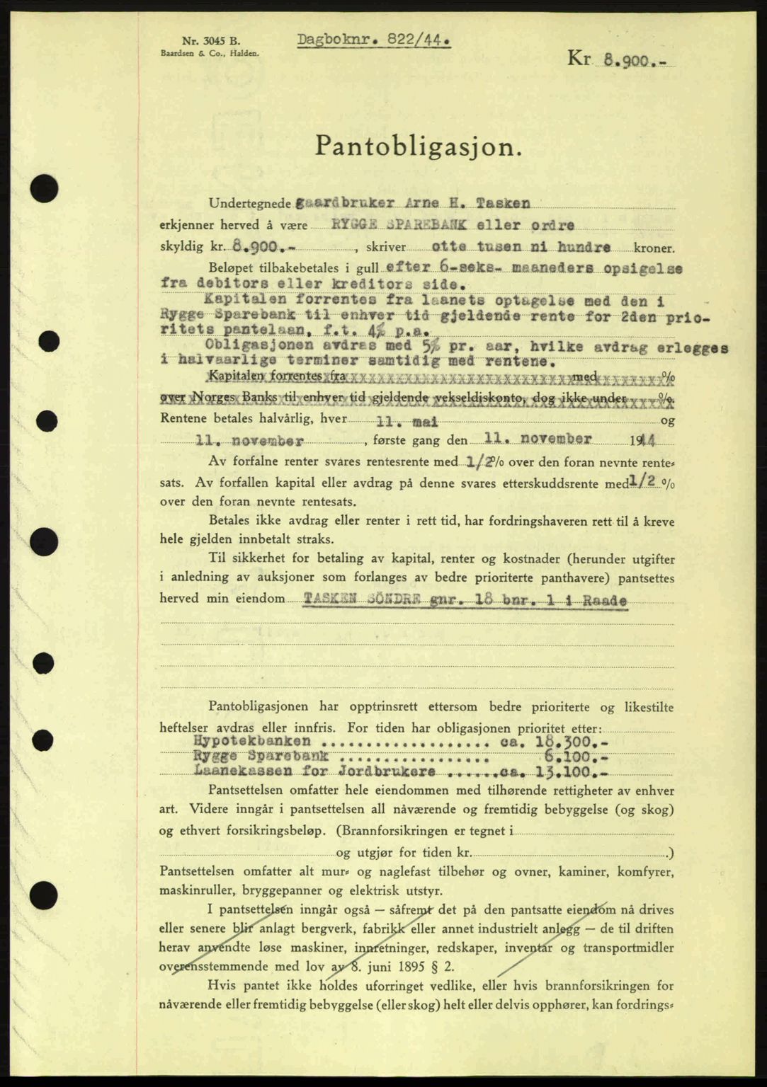 Moss sorenskriveri, SAO/A-10168: Pantebok nr. B13, 1943-1945, Dagboknr: 822/1944