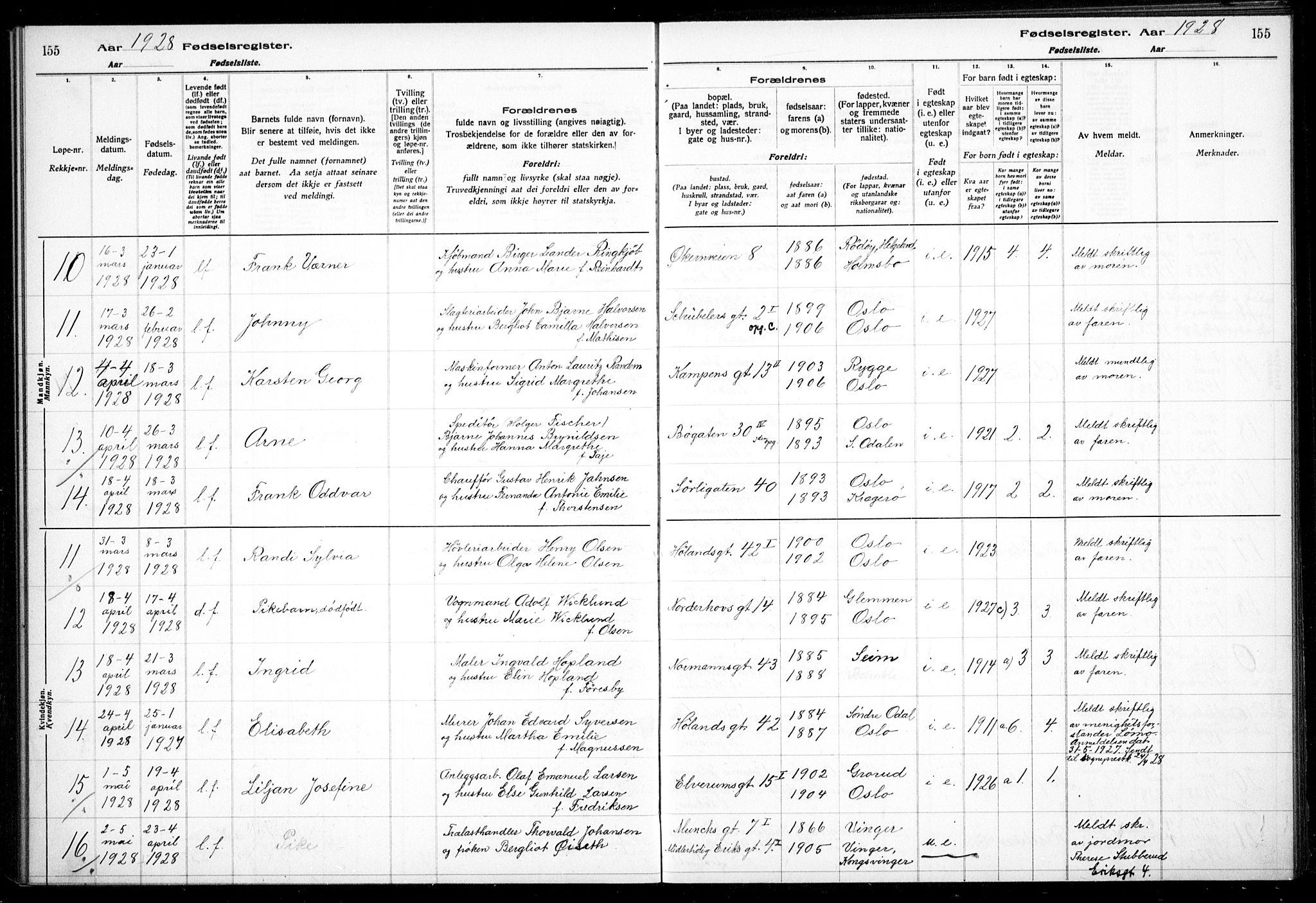 Kampen prestekontor Kirkebøker, AV/SAO-A-10853/J/Ja/L0002: Fødselsregister nr. 2, 1920-1935, s. 155