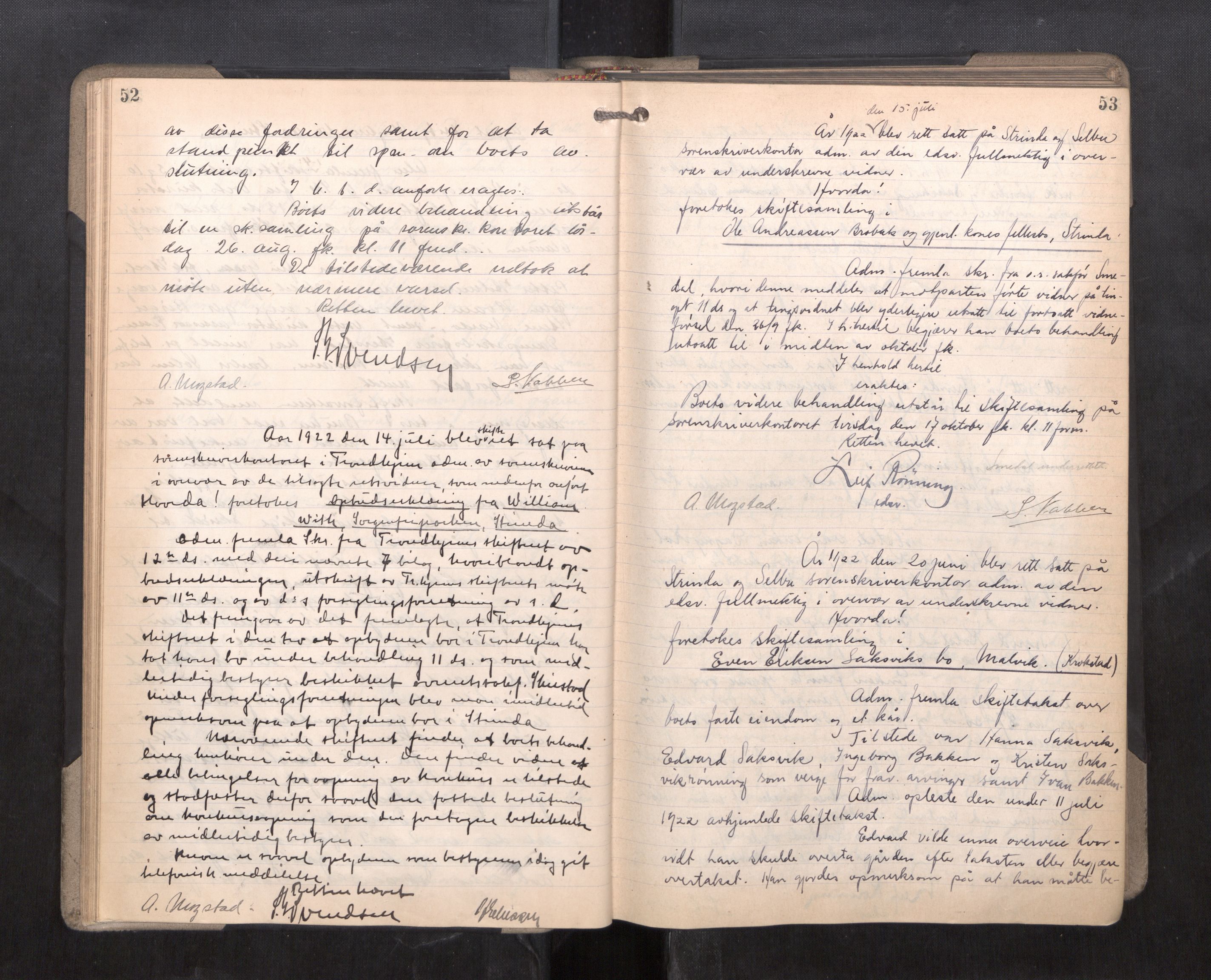 Strinda og Selbu sorenskriveri, AV/SAT-A-0015/3/3B/L0014: Skifteforhandlingsprot. 14, 1922-1924, s. 52-53