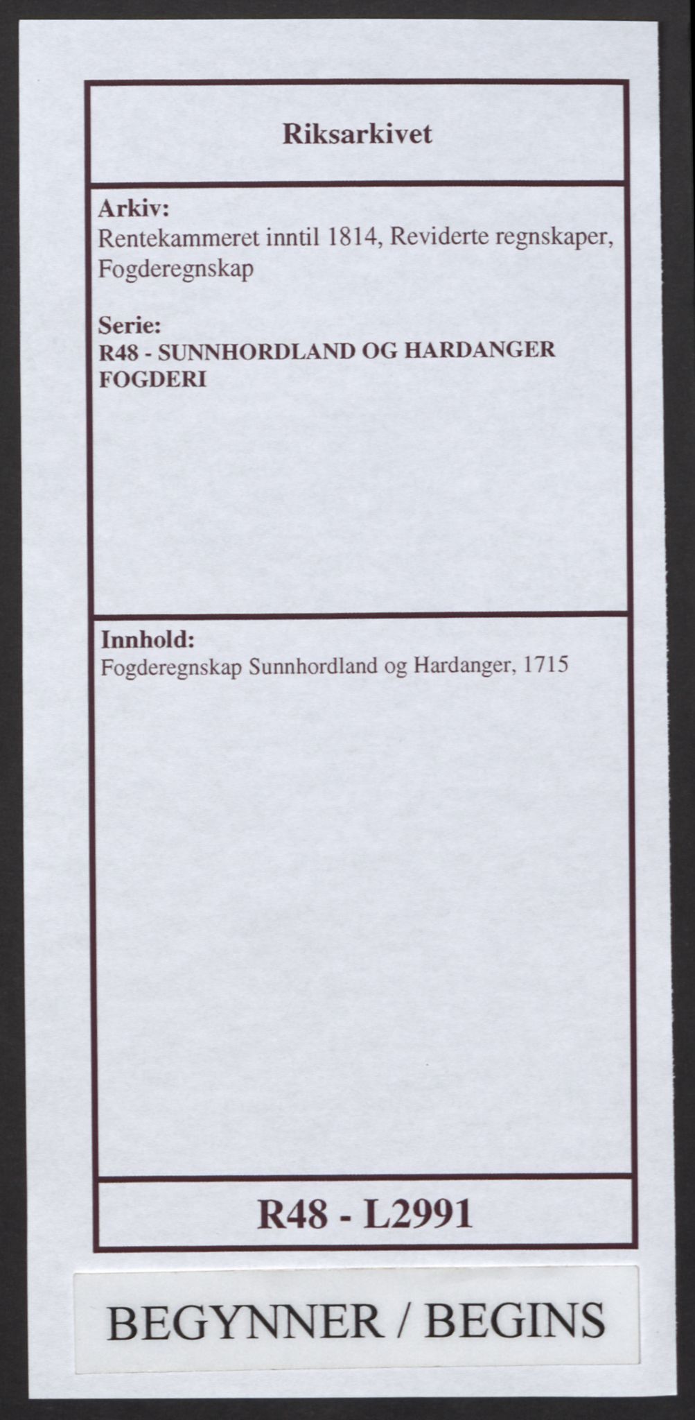 Rentekammeret inntil 1814, Reviderte regnskaper, Fogderegnskap, RA/EA-4092/R48/L2991: Fogderegnskap Sunnhordland og Hardanger, 1715, s. 1