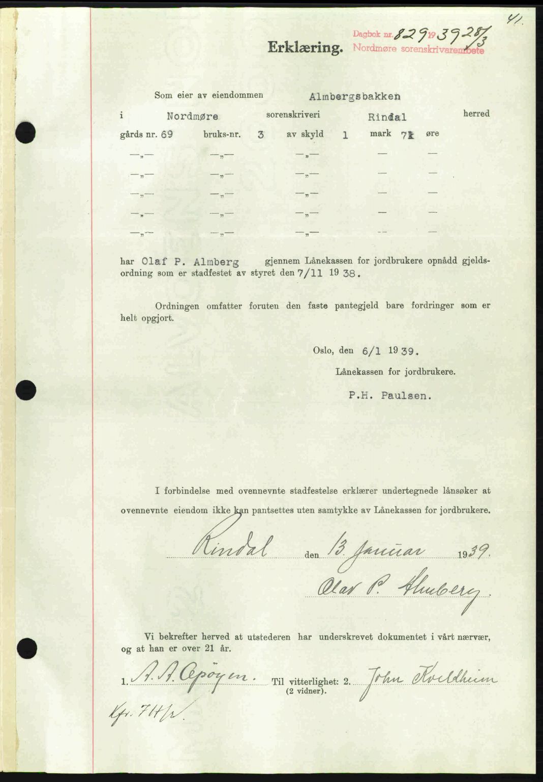Nordmøre sorenskriveri, SAT/A-4132/1/2/2Ca: Pantebok nr. B85, 1939-1939, Dagboknr: 829/1939