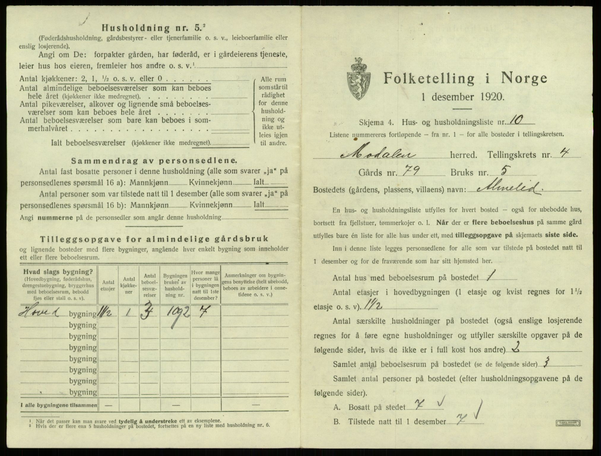 SAB, Folketelling 1920 for 1252 Modalen herred, 1920, s. 140