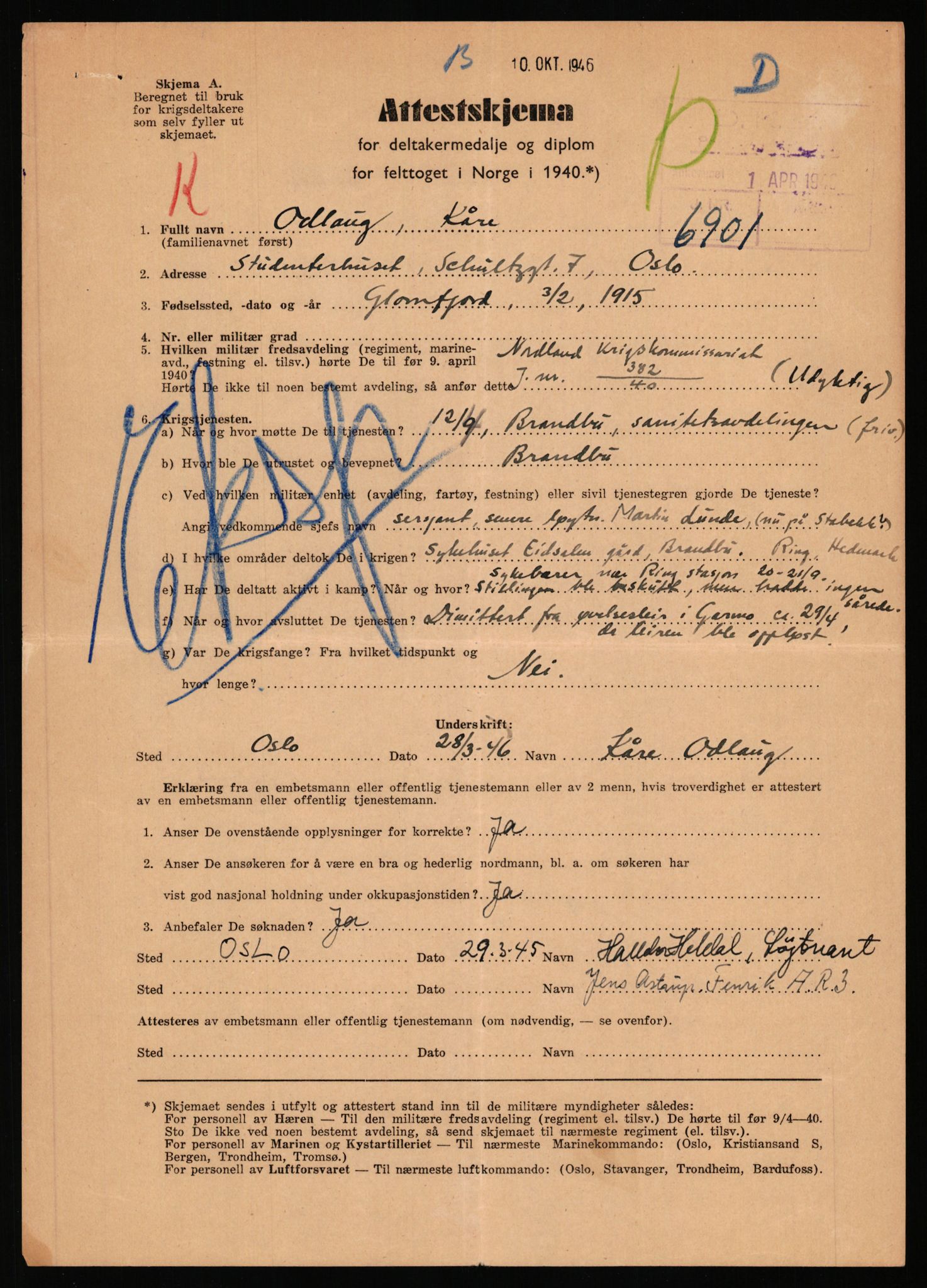 Forsvaret, Jegerkorpset - Akershus infantriregiment nr. 4, AV/RA-RAFA-2947/D/Dd/L0056: DELTAKERMEDALJEN 2. VERDENSKRIG BOKS 4 N-Ø, 1945-1950, s. 164