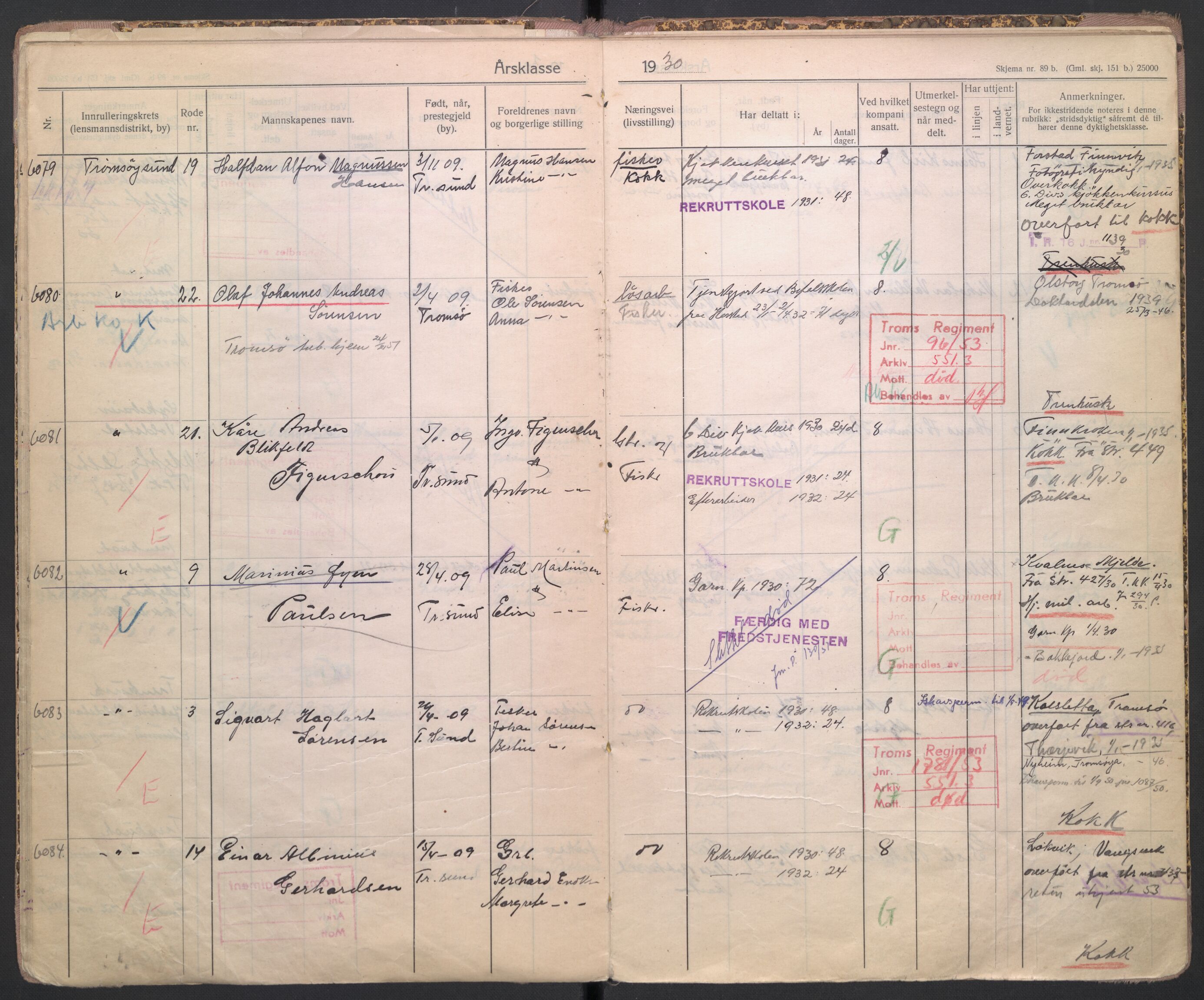 Forsvaret, Troms infanteriregiment nr. 16, AV/RA-RAFA-3146/P/Pa/L0005/0004: Ruller / Rulle for regimentets ikke-stridende menige mannskaper, årsklasse 1930, 1930