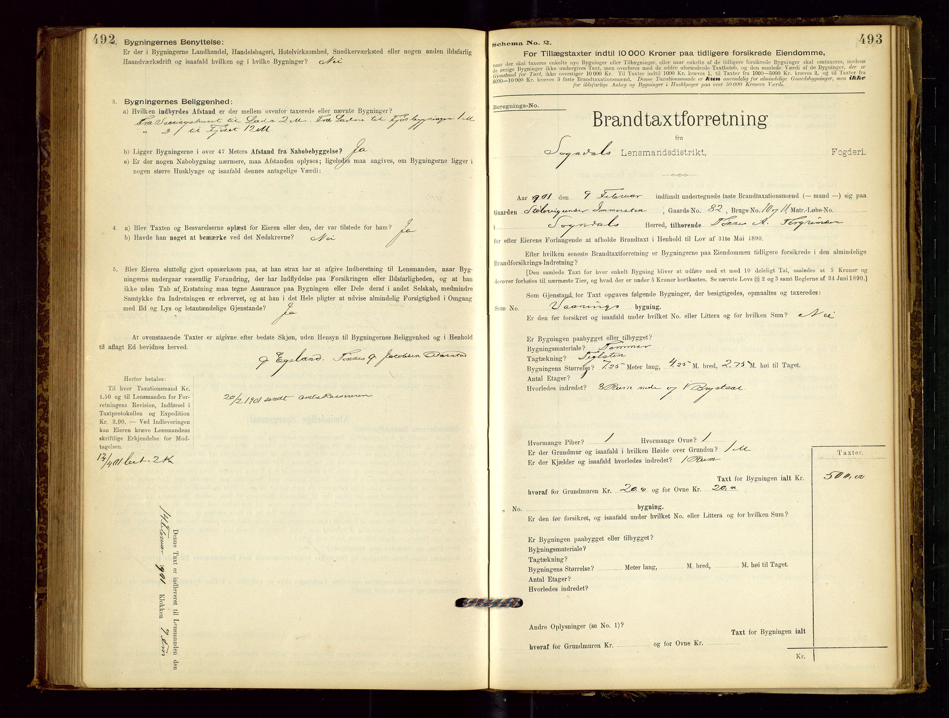 Sokndal lensmannskontor, AV/SAST-A-100417/Gob/L0001: "Brandtaxt-Protokol", 1895-1902, s. 492-493