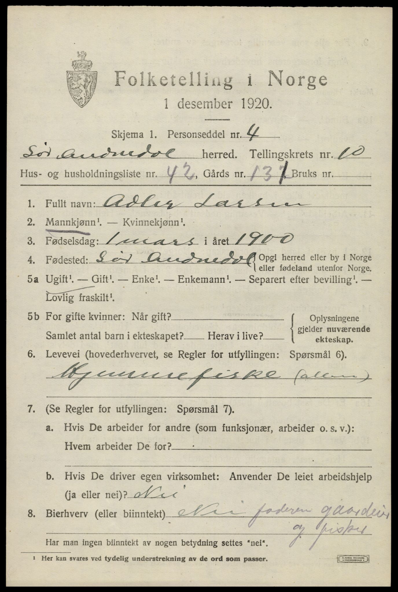 SAK, Folketelling 1920 for 1029 Sør-Audnedal herred, 1920, s. 4197