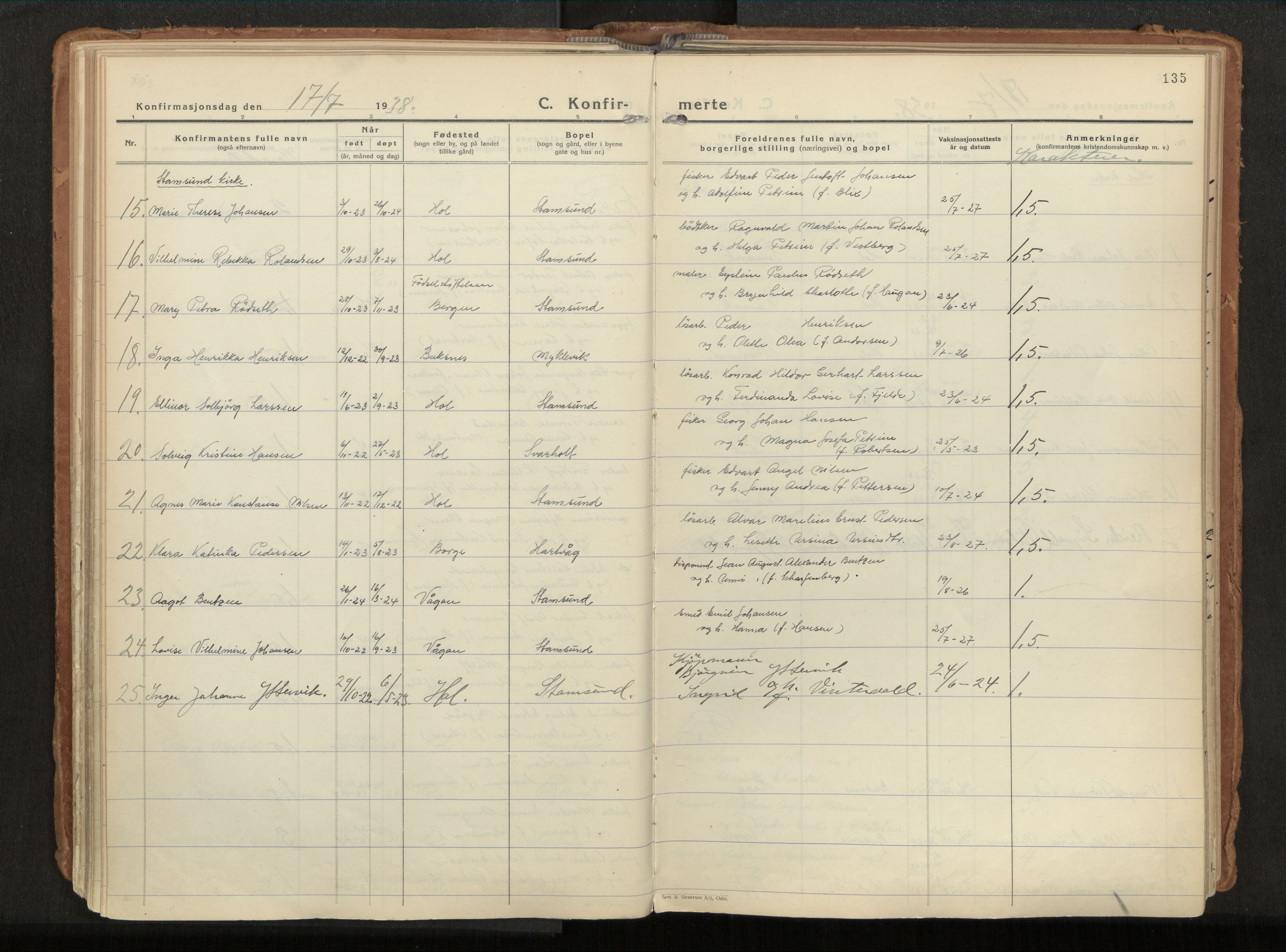 Ministerialprotokoller, klokkerbøker og fødselsregistre - Nordland, AV/SAT-A-1459/882/L1182: Ministerialbok nr. 882A04, 1932-1950, s. 135