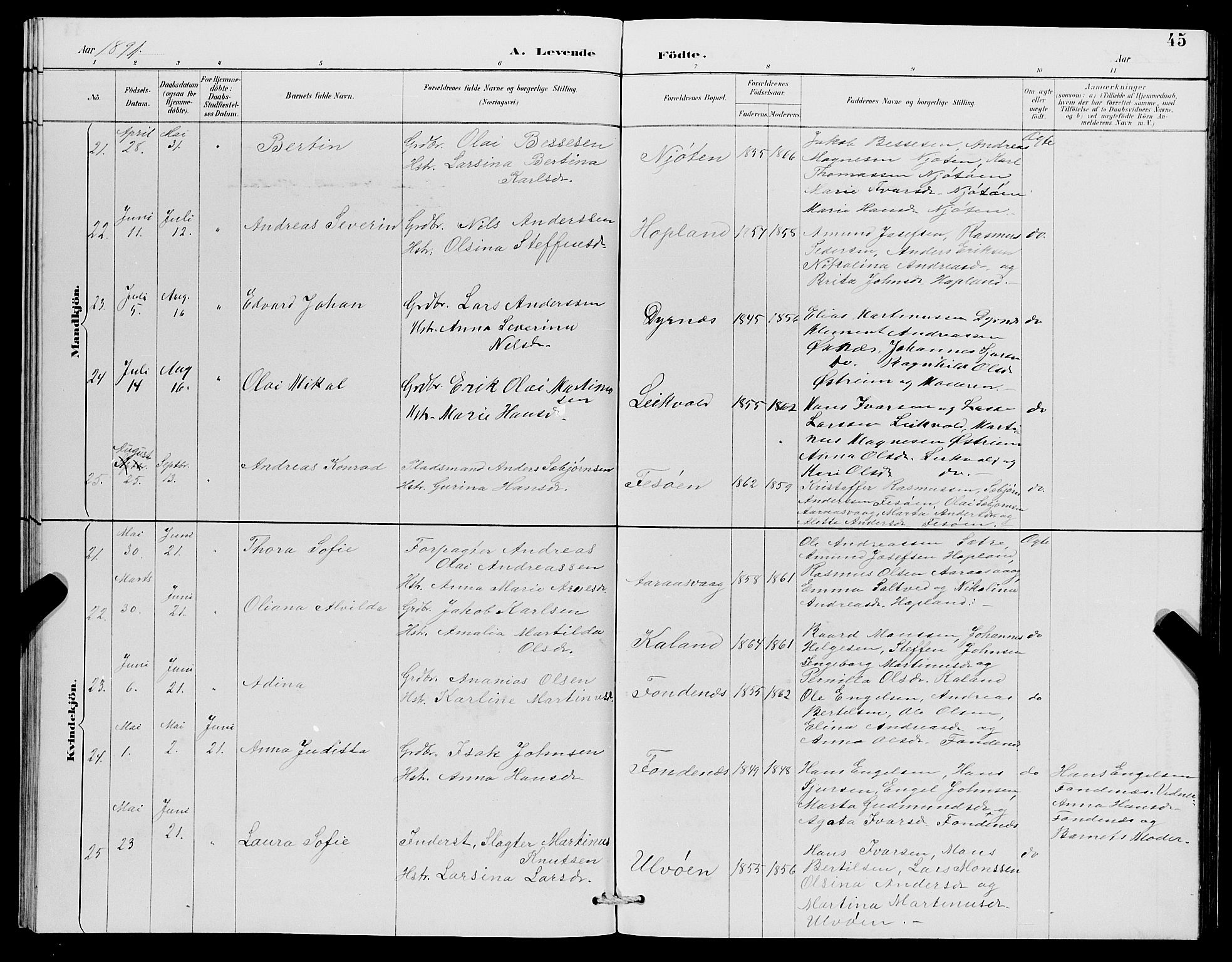 Lindås Sokneprestembete, AV/SAB-A-76701/H/Hab/Habc/L0003: Klokkerbok nr. C 3, 1886-1893, s. 45