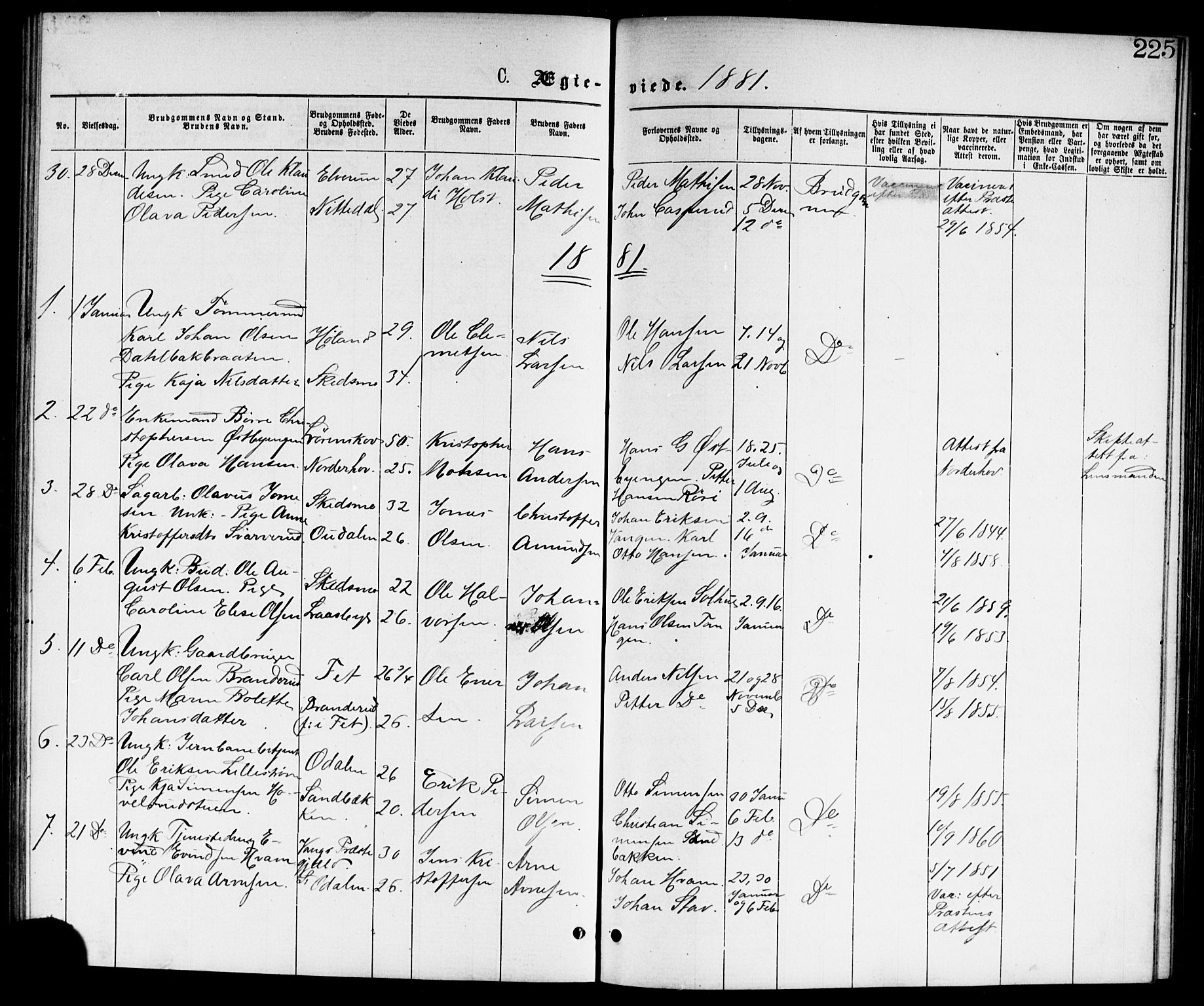 Skedsmo prestekontor Kirkebøker, AV/SAO-A-10033a/G/Ga/L0003: Klokkerbok nr. I 3, 1873-1882, s. 225