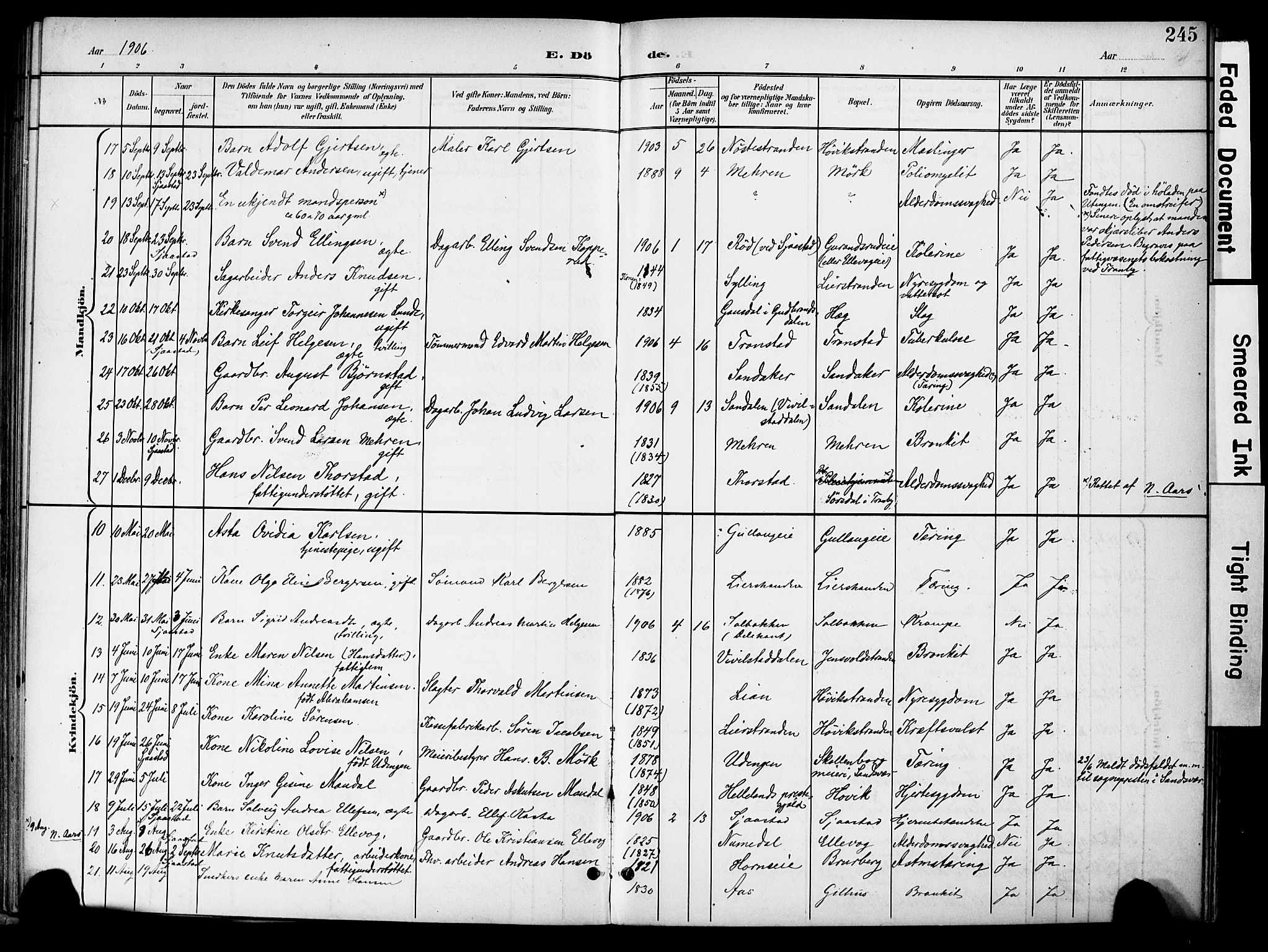 Lier kirkebøker, AV/SAKO-A-230/F/Fa/L0017: Ministerialbok nr. I 17, 1901-1908, s. 245