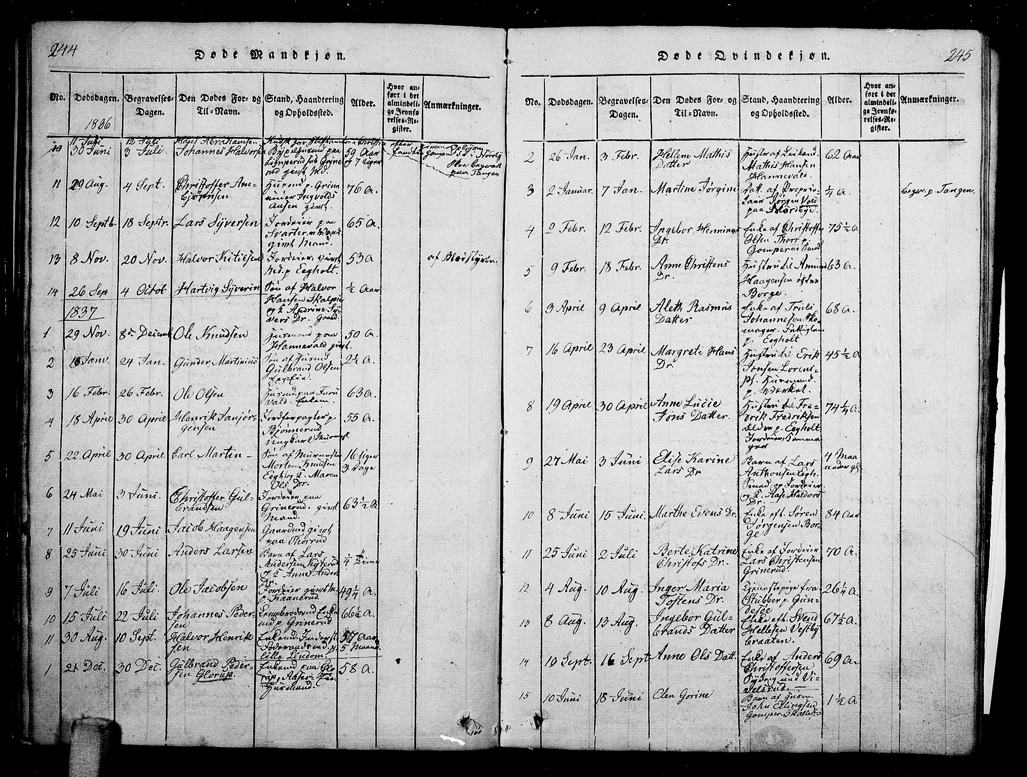 Skoger kirkebøker, SAKO/A-59/G/Ga/L0001: Klokkerbok nr. I 1, 1814-1845, s. 244-245