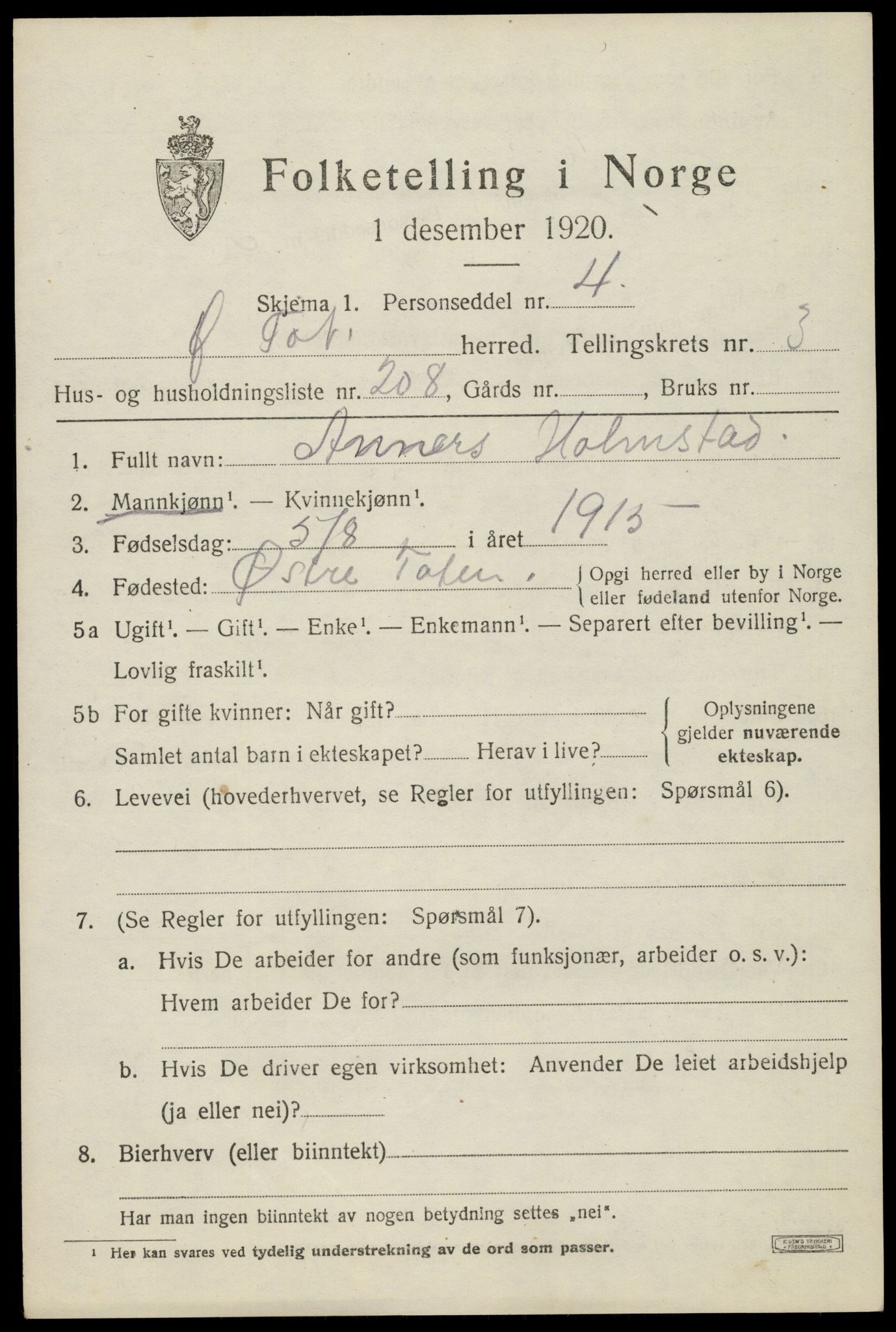 SAH, Folketelling 1920 for 0528 Østre Toten herred, 1920, s. 8304