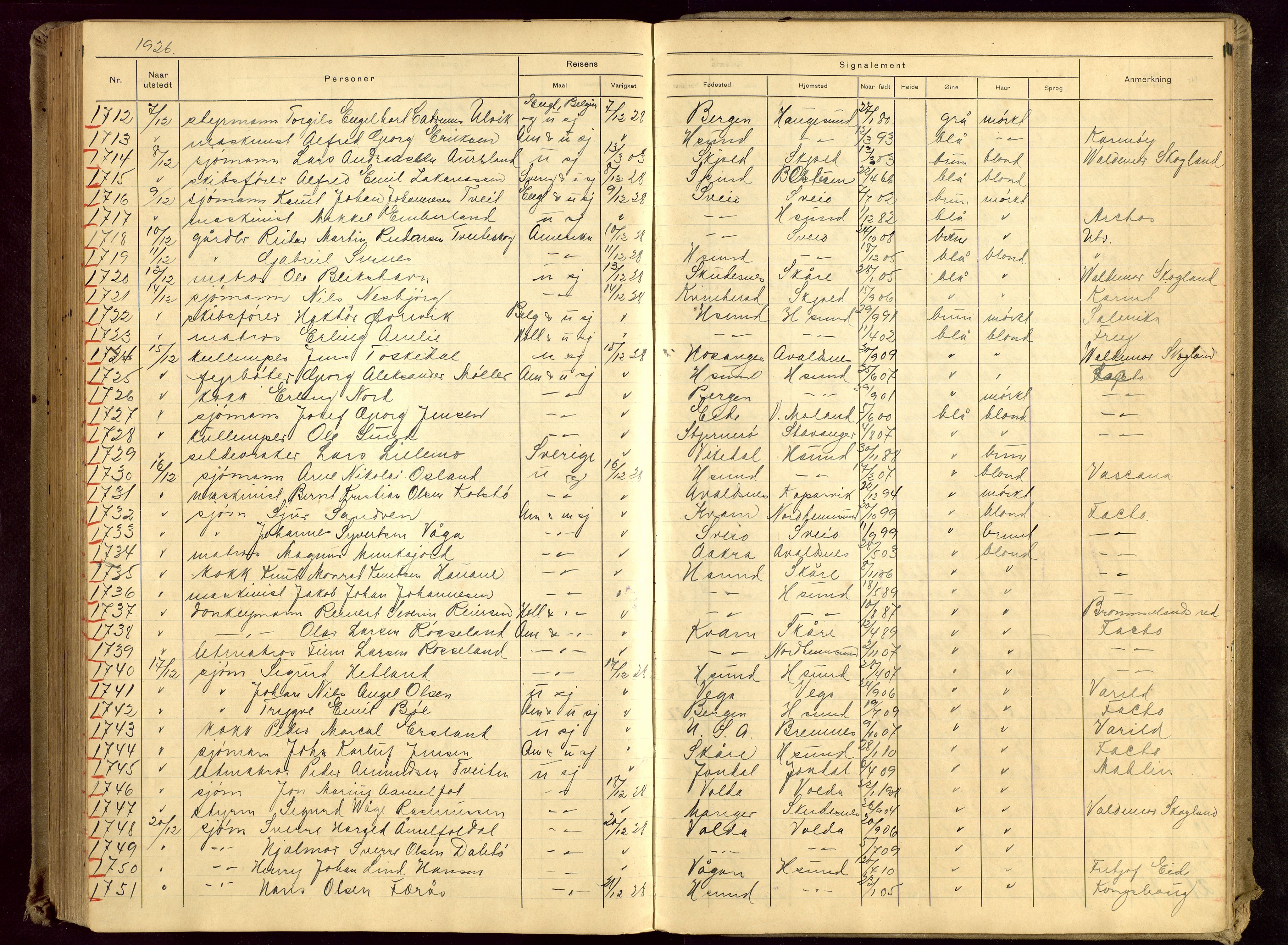 Haugesund politikammer, AV/SAST-A-100440/K/L0003: Passprotokoll 7/8-22-1/3-27, 1922-1927, s. 192