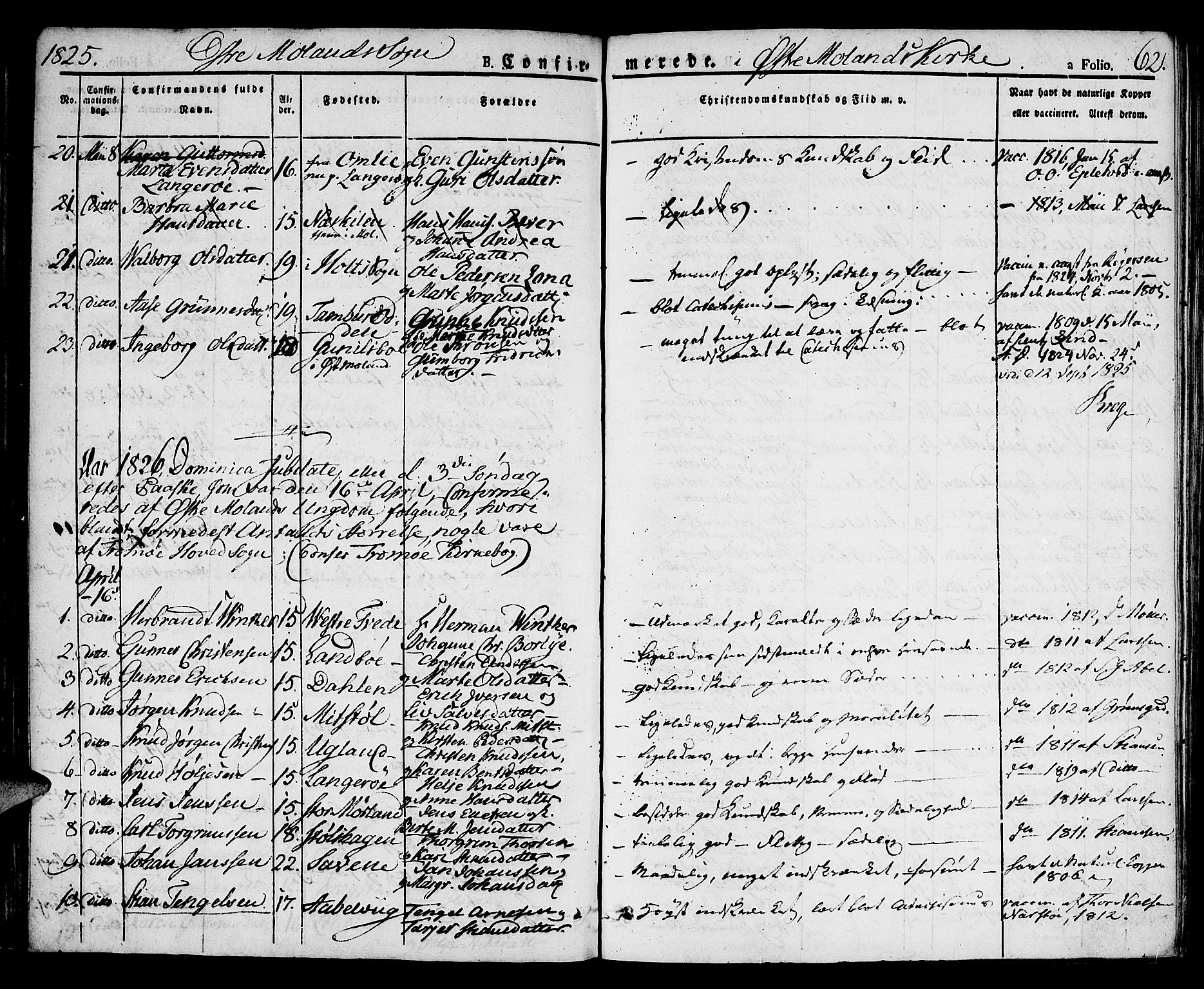 Austre Moland sokneprestkontor, AV/SAK-1111-0001/F/Fa/Faa/L0005: Ministerialbok nr. A 5, 1825-1837, s. 62