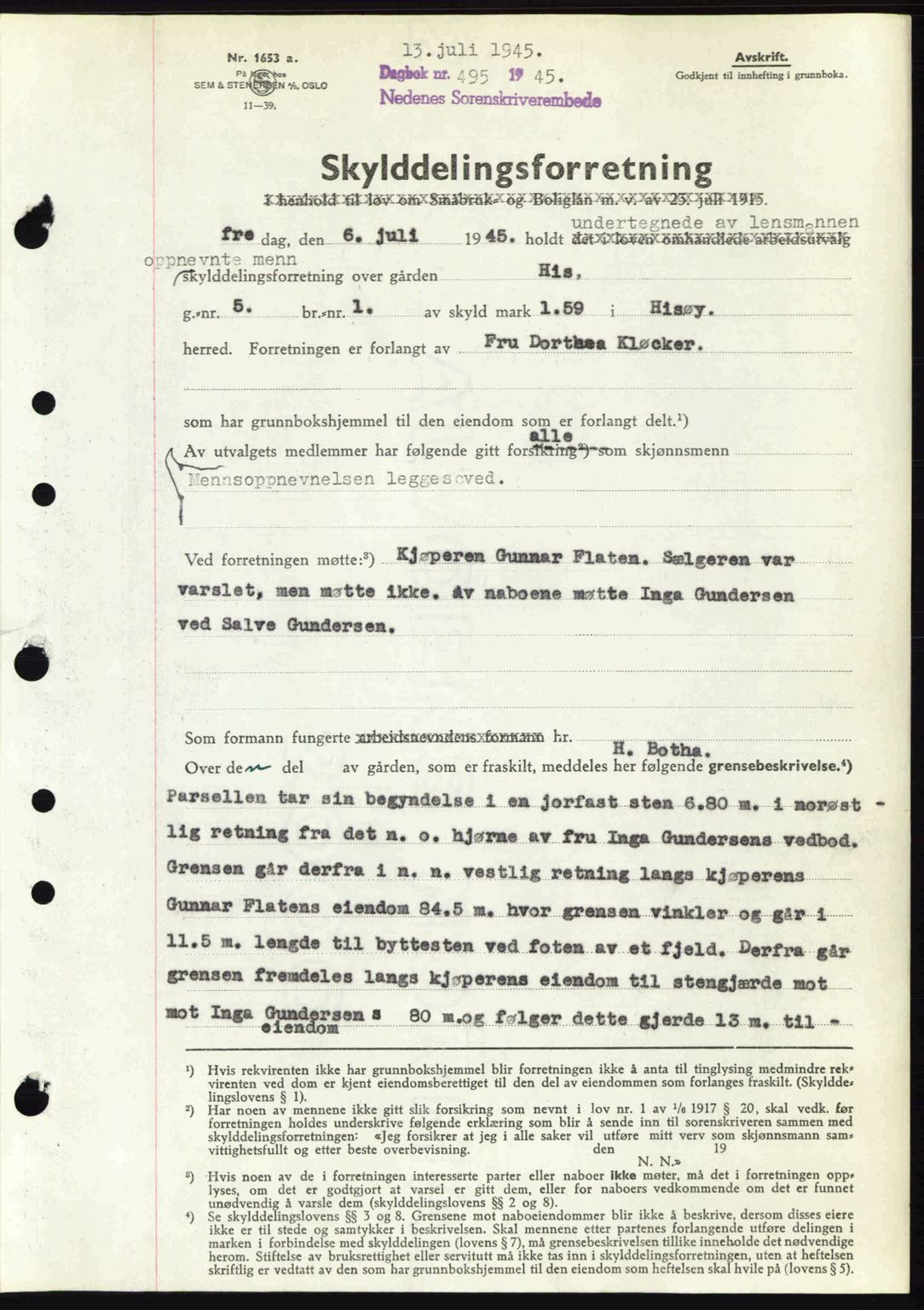 Nedenes sorenskriveri, AV/SAK-1221-0006/G/Gb/Gba/L0052: Pantebok nr. A6a, 1944-1945, Dagboknr: 495/1945