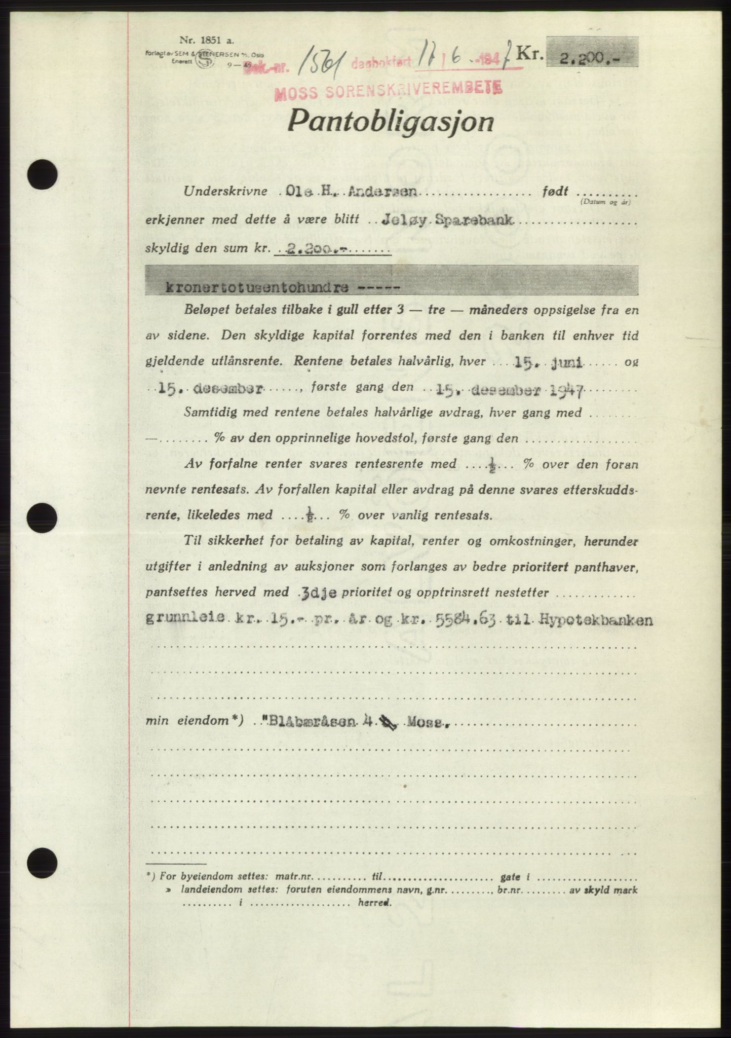 Moss sorenskriveri, SAO/A-10168: Pantebok nr. B17, 1947-1947, Dagboknr: 1561/1947