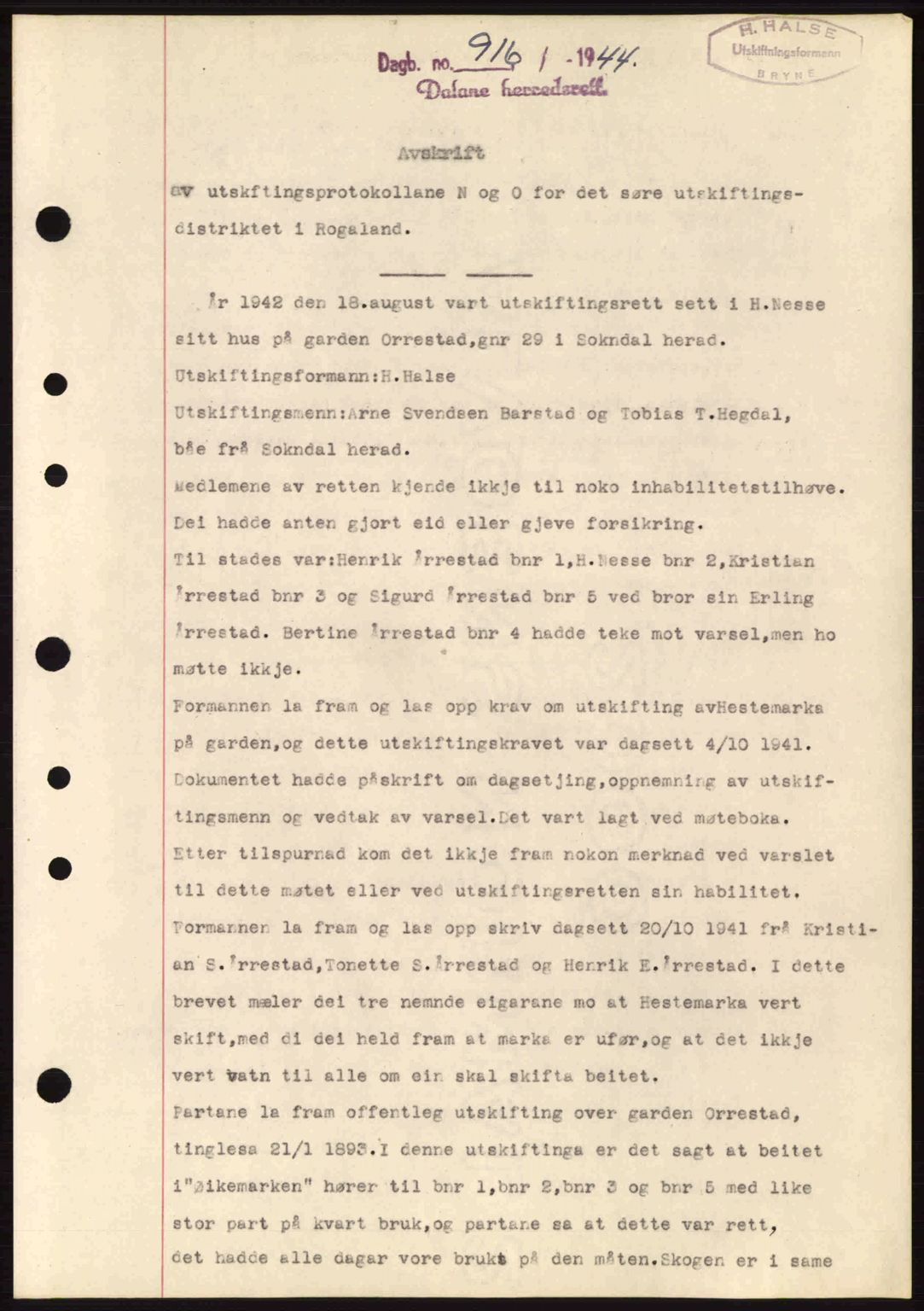 Dalane sorenskriveri, SAST/A-100309/02/G/Gb/L0047: Pantebok nr. A8 I, 1944-1945, Dagboknr: 916/1944