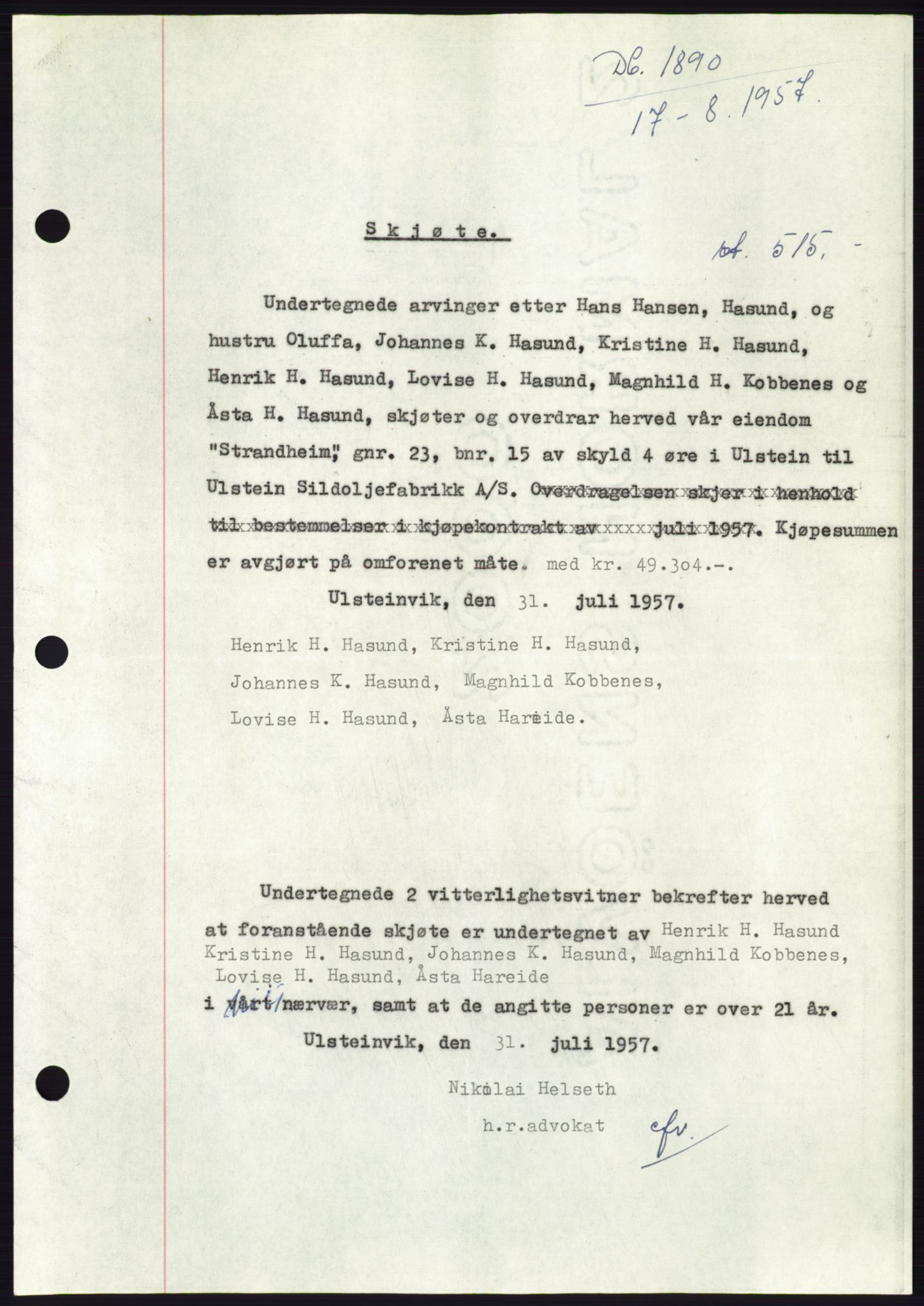 Søre Sunnmøre sorenskriveri, SAT/A-4122/1/2/2C/L0107: Pantebok nr. 33A, 1957-1957, Dagboknr: 1890/1957