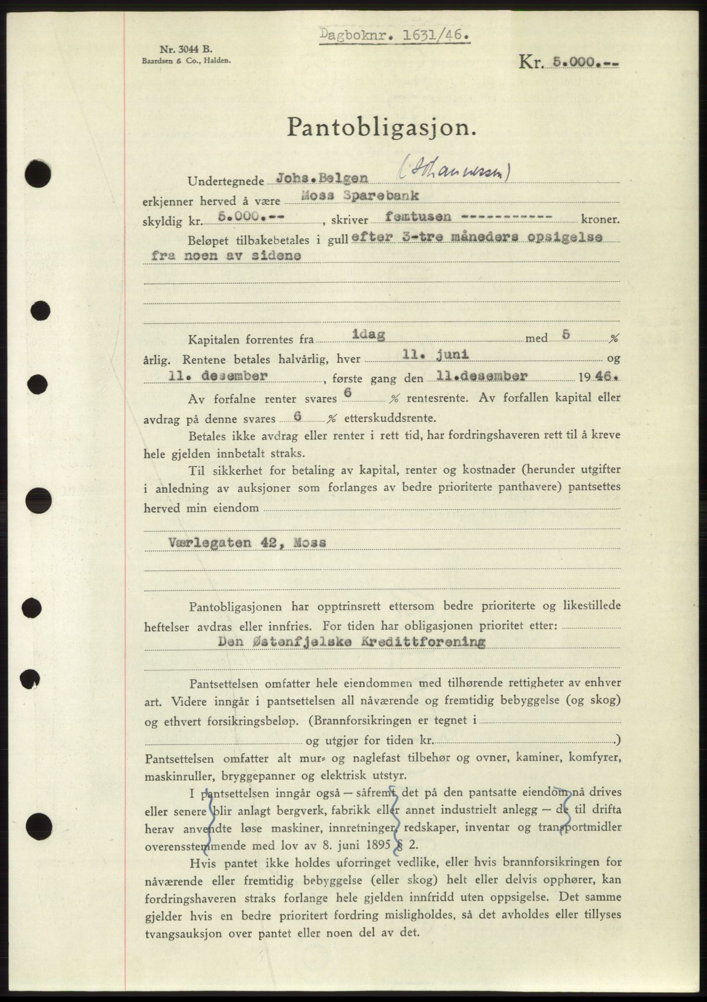 Moss sorenskriveri, SAO/A-10168: Pantebok nr. B15, 1946-1946, Dagboknr: 1631/1946