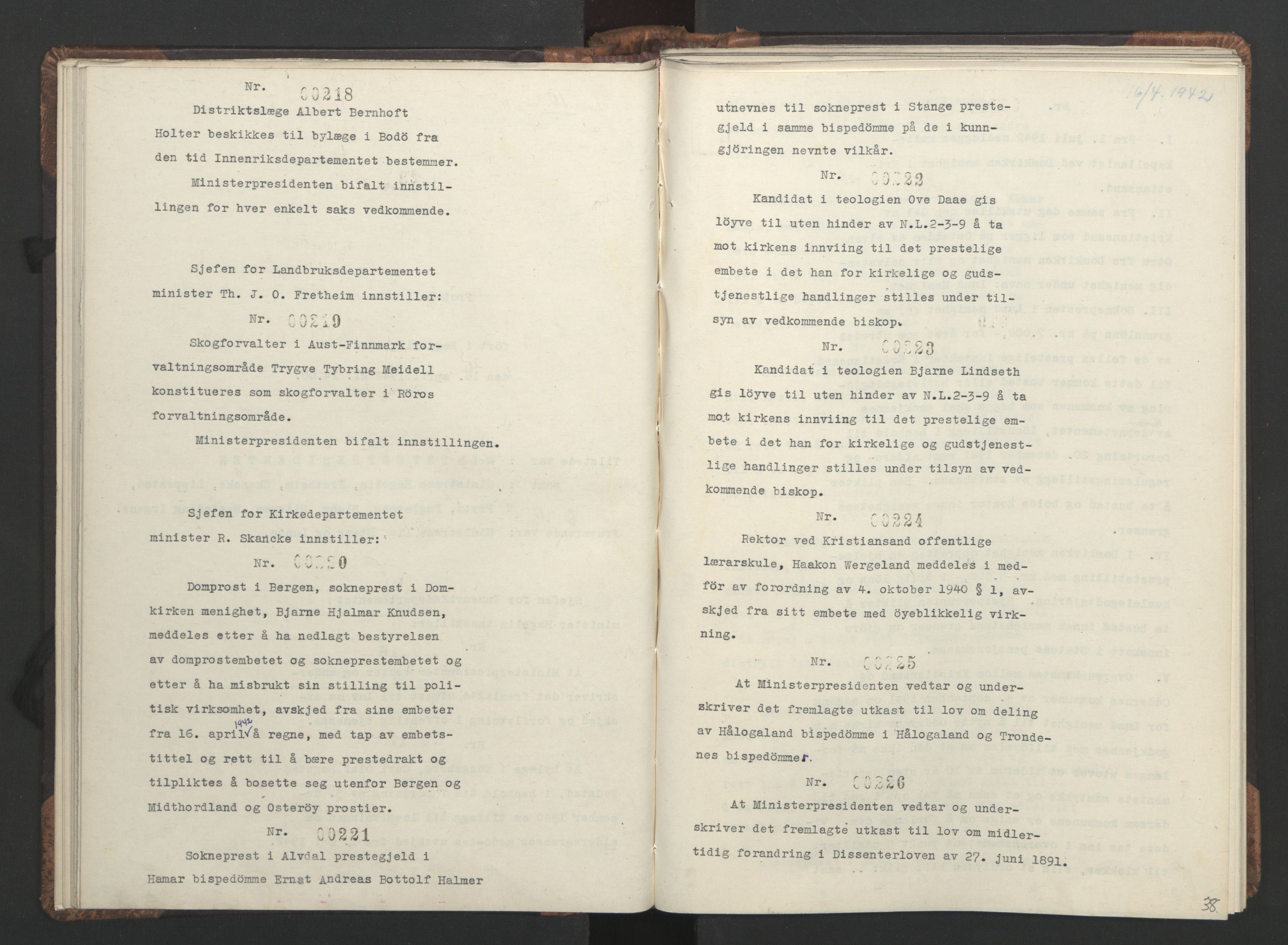 NS-administrasjonen 1940-1945 (Statsrådsekretariatet, de kommisariske statsråder mm), RA/S-4279/D/Da/L0001: Beslutninger og tillegg (1-952 og 1-32), 1942, s. 41