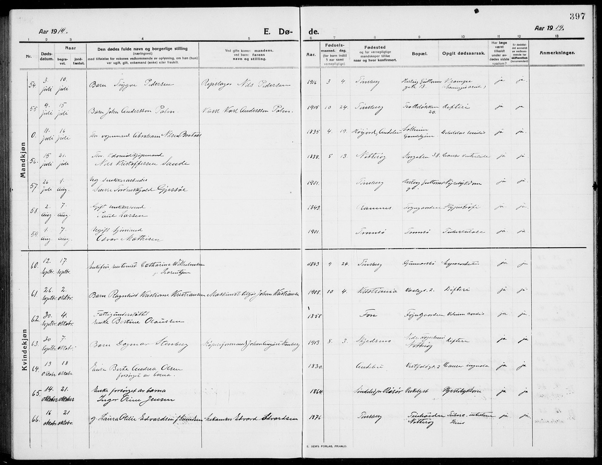 Tønsberg kirkebøker, AV/SAKO-A-330/G/Ga/L0009: Klokkerbok nr. 9, 1913-1920, s. 397