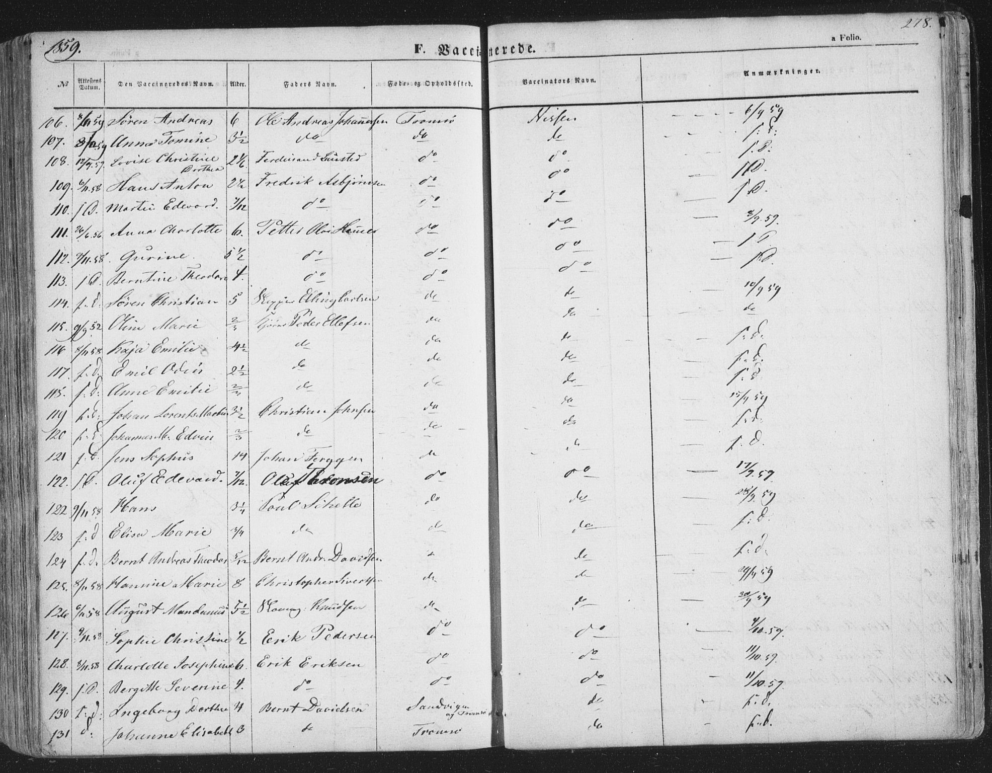 Tromsø sokneprestkontor/stiftsprosti/domprosti, AV/SATØ-S-1343/G/Ga/L0011kirke: Ministerialbok nr. 11, 1856-1865, s. 278