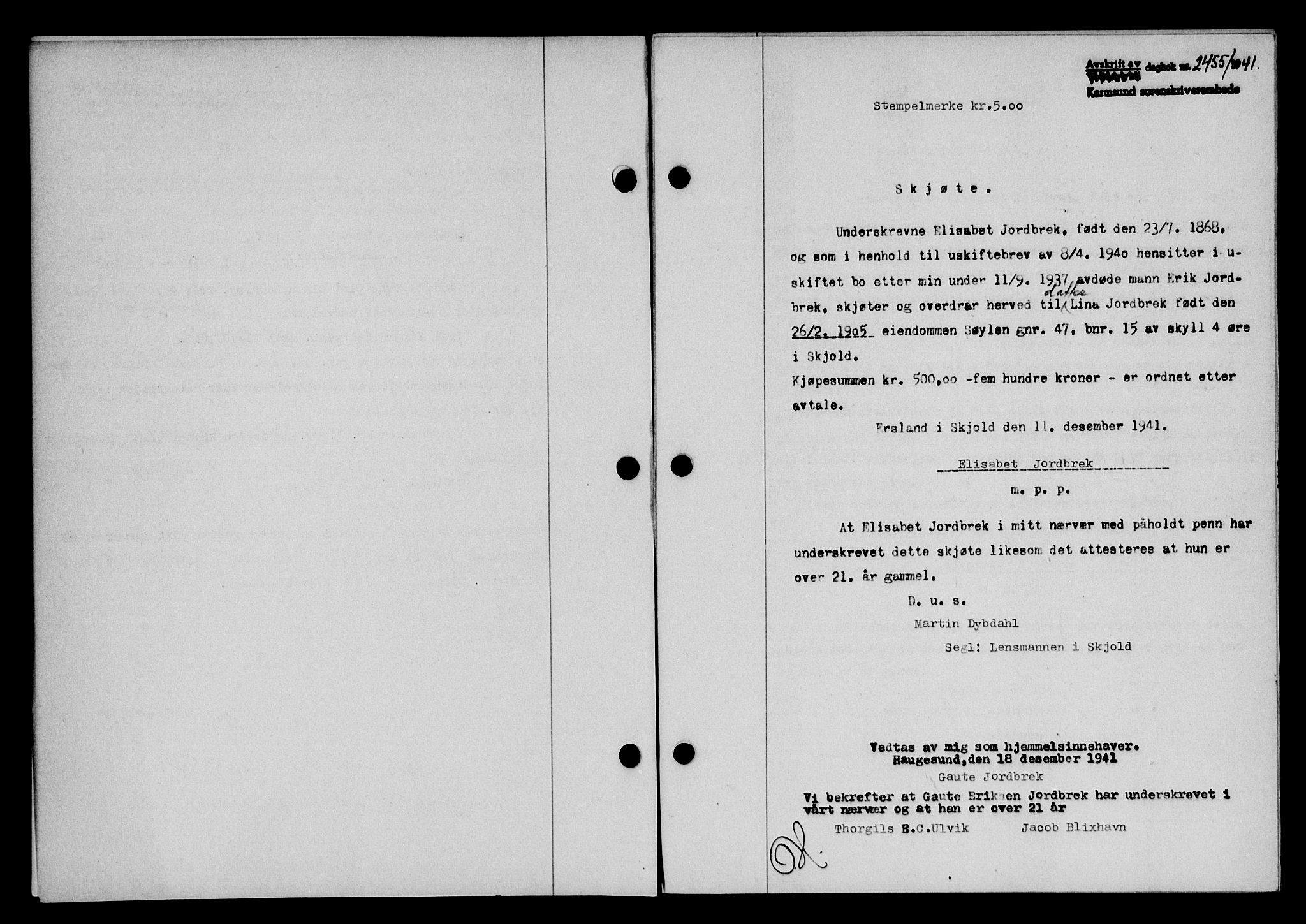 Karmsund sorenskriveri, SAST/A-100311/01/II/IIB/L0076: Pantebok nr. 57A, 1941-1941, Dagboknr: 2455/1941
