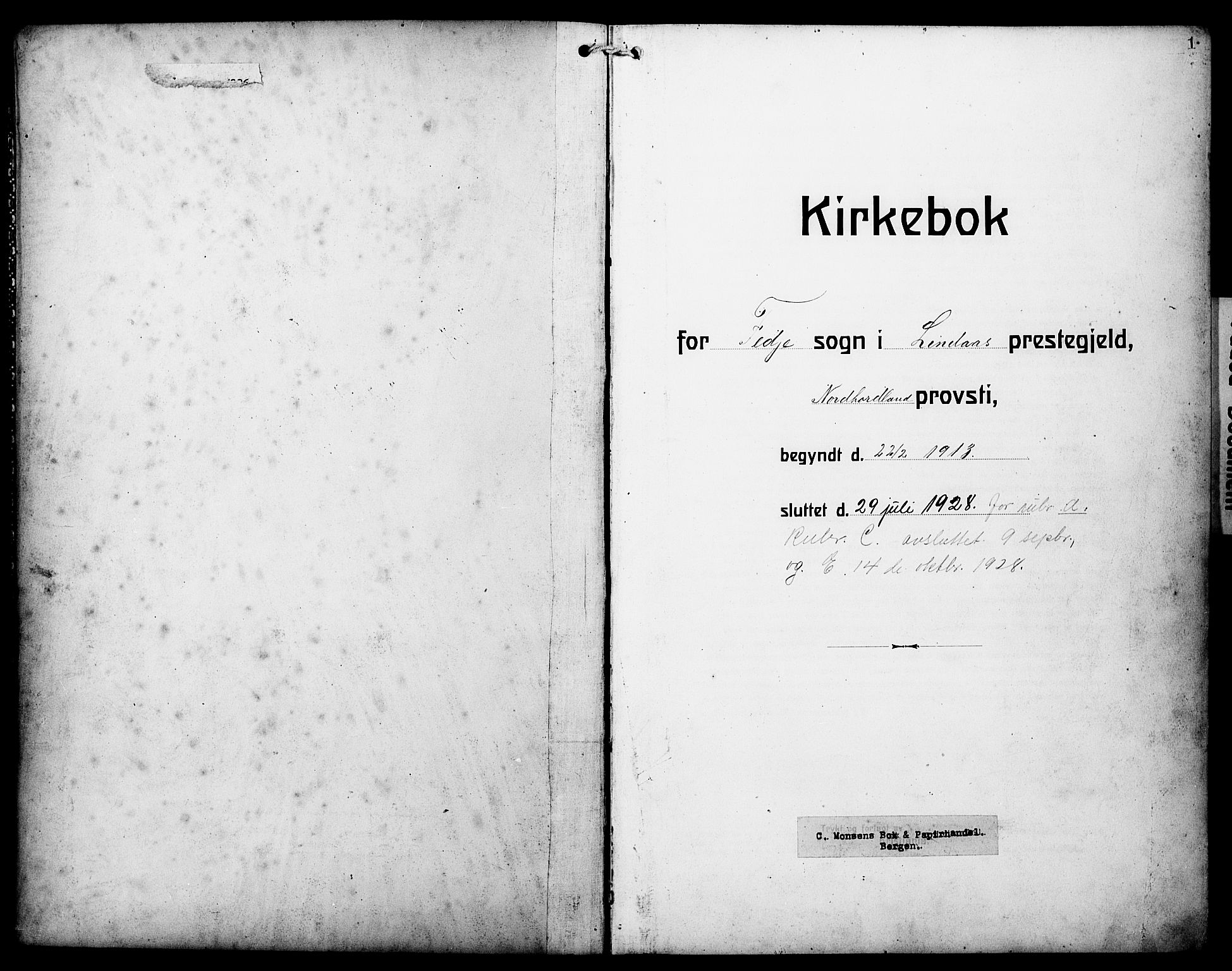 Lindås Sokneprestembete, SAB/A-76701/H/Hab: Klokkerbok nr. D 4, 1913-1928, s. 1