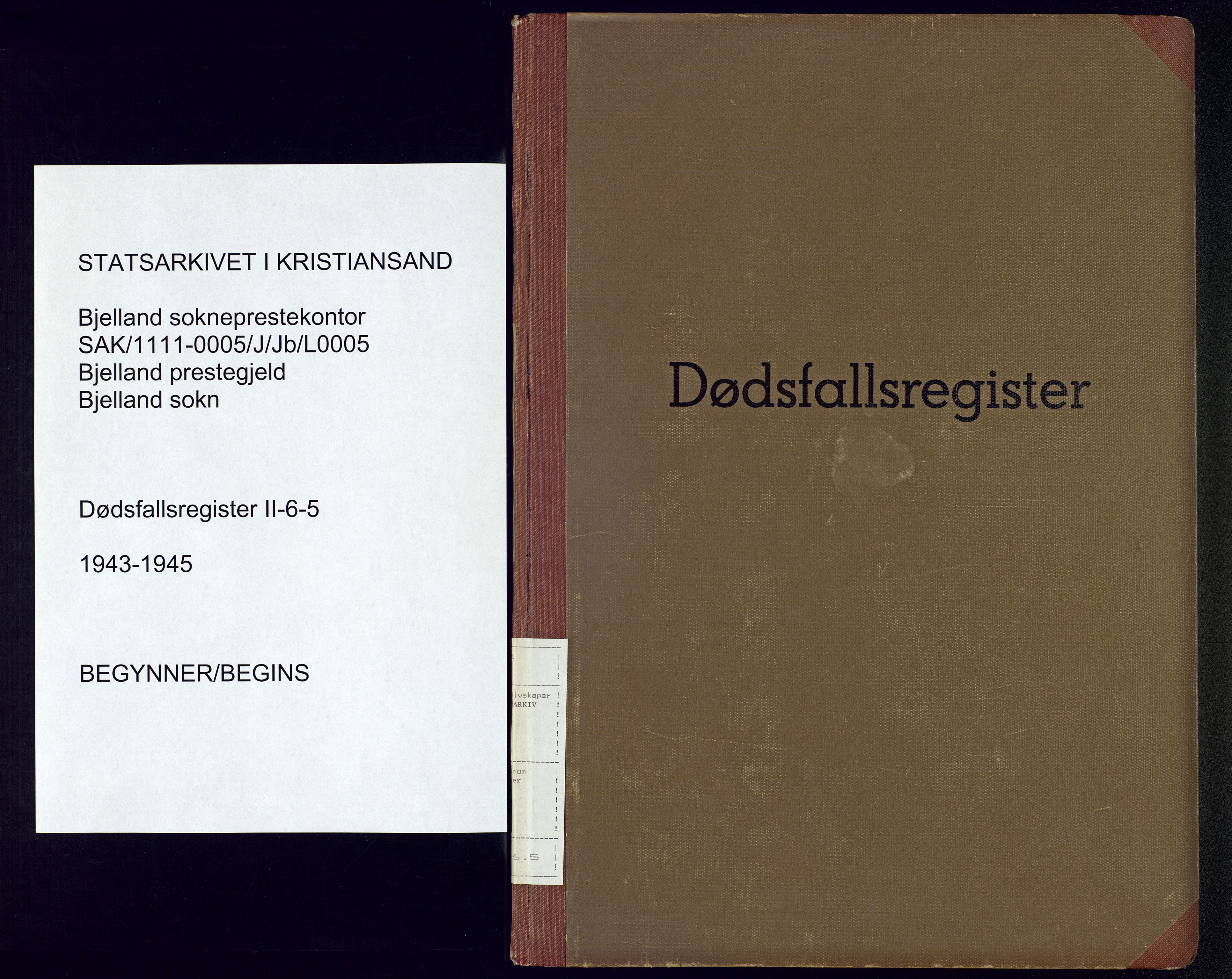 Bjelland sokneprestkontor, SAK/1111-0005/J/Jb/L0005: II.6.5 - Dødsfallsregister Bjelland, 1943-1945