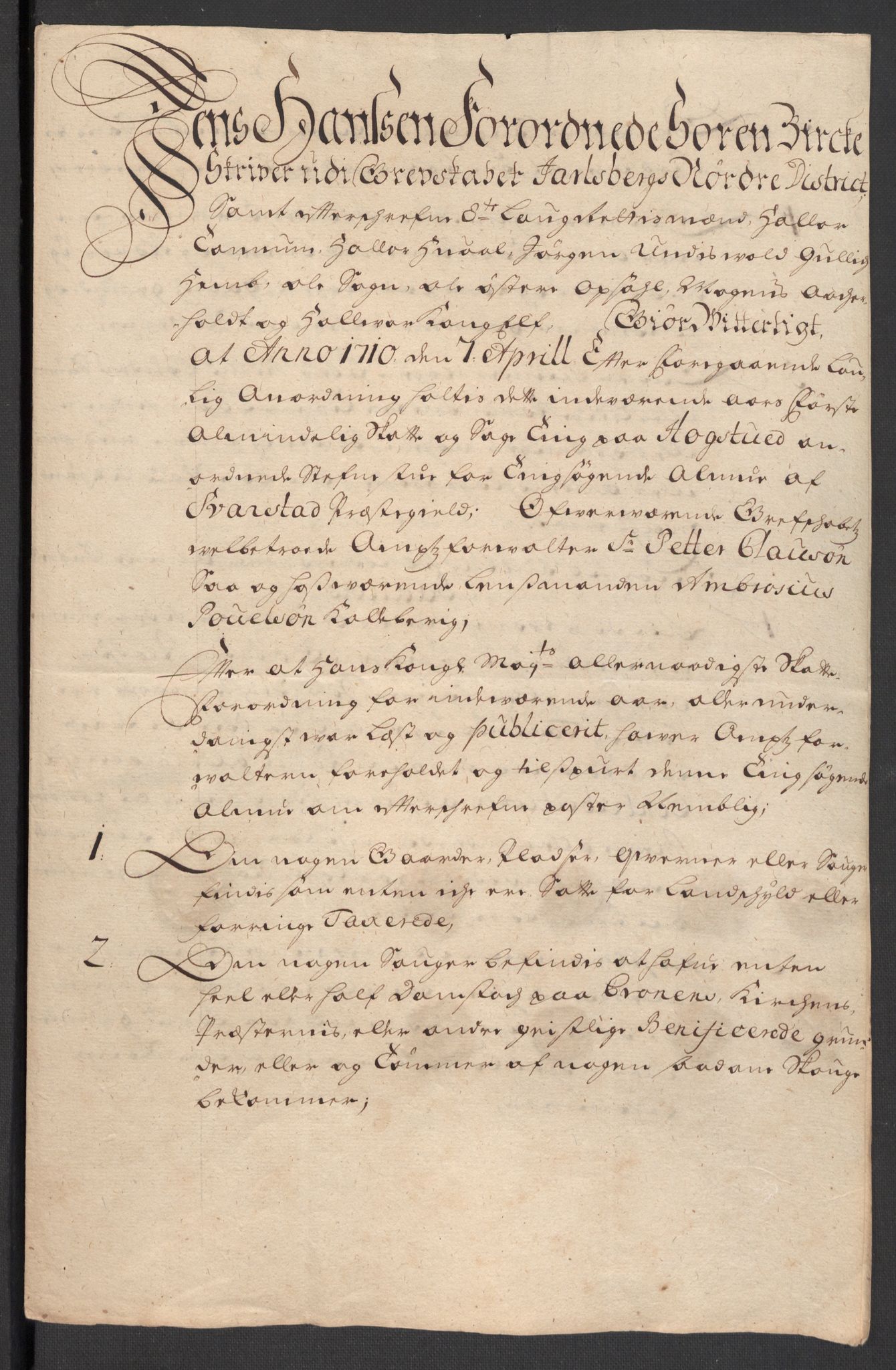 Rentekammeret inntil 1814, Reviderte regnskaper, Fogderegnskap, RA/EA-4092/R32/L1875: Fogderegnskap Jarlsberg grevskap, 1710, s. 159