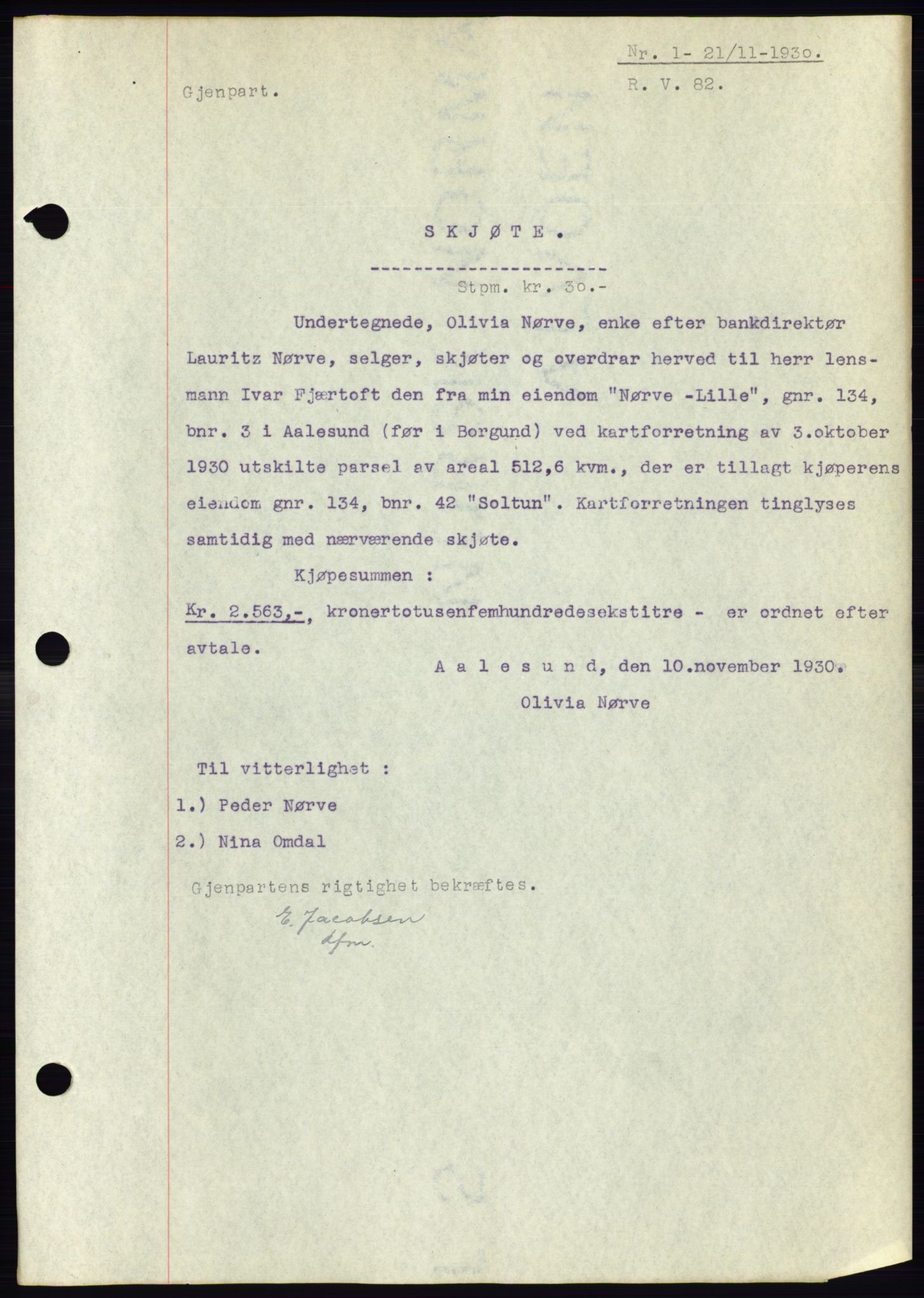 Ålesund byfogd, SAT/A-4384: Pantebok nr. 26, 1930-1930, Tingl.dato: 21.11.1930