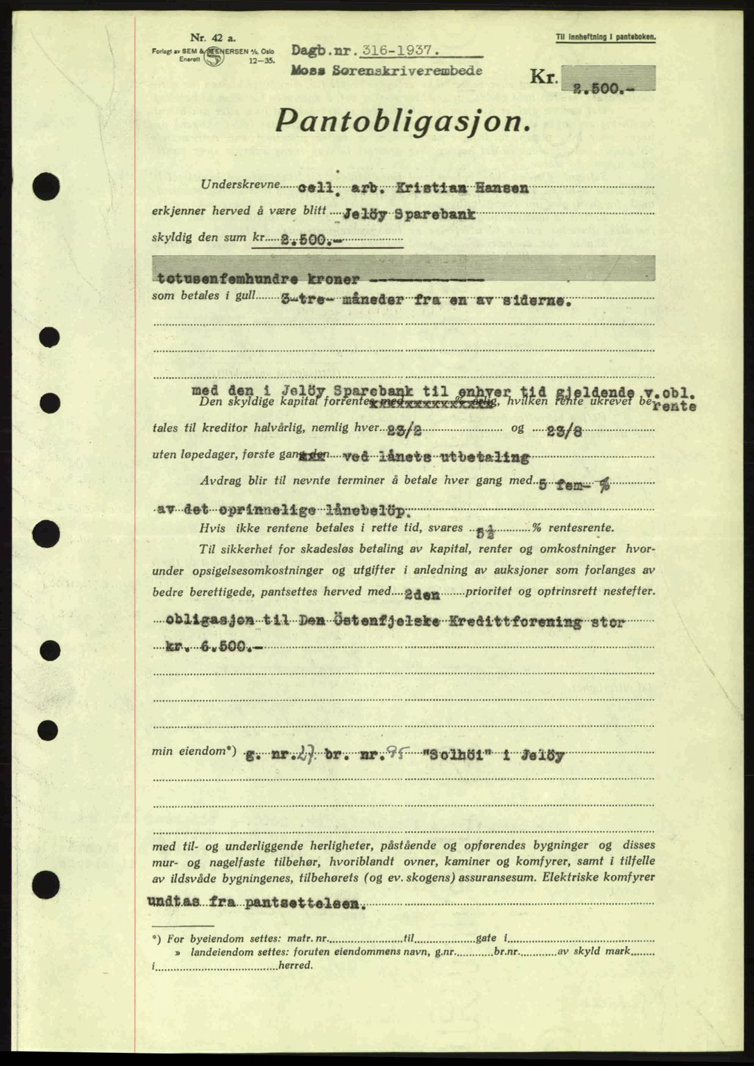 Moss sorenskriveri, SAO/A-10168: Pantebok nr. B3, 1937-1937, Dagboknr: 316/1937