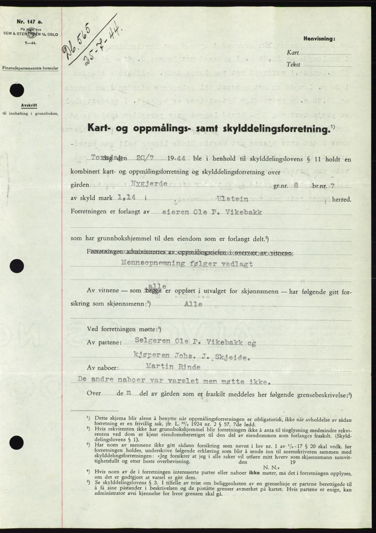 Søre Sunnmøre sorenskriveri, SAT/A-4122/1/2/2C/L0076: Pantebok nr. 2A, 1943-1944, Dagboknr: 565/1944