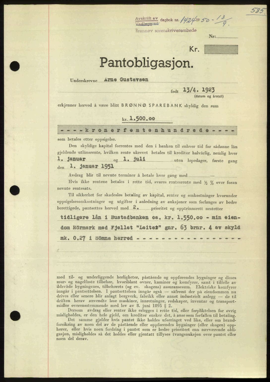 Brønnøy sorenskriveri, SAT/A-4170/1/2/2C: Pantebok nr. 36, 1950-1950, Dagboknr: 1424/1950