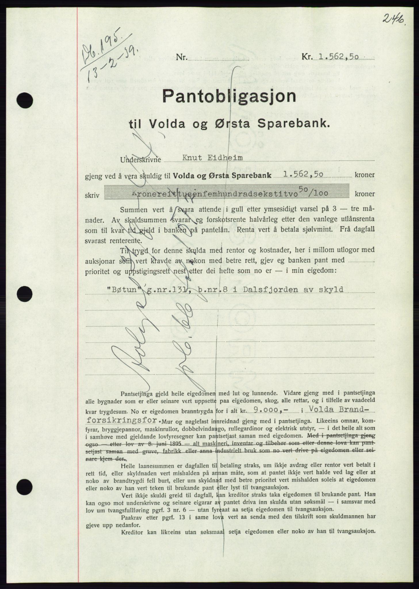 Søre Sunnmøre sorenskriveri, AV/SAT-A-4122/1/2/2C/L0067: Pantebok nr. 61, 1938-1939, Dagboknr: 195/1939