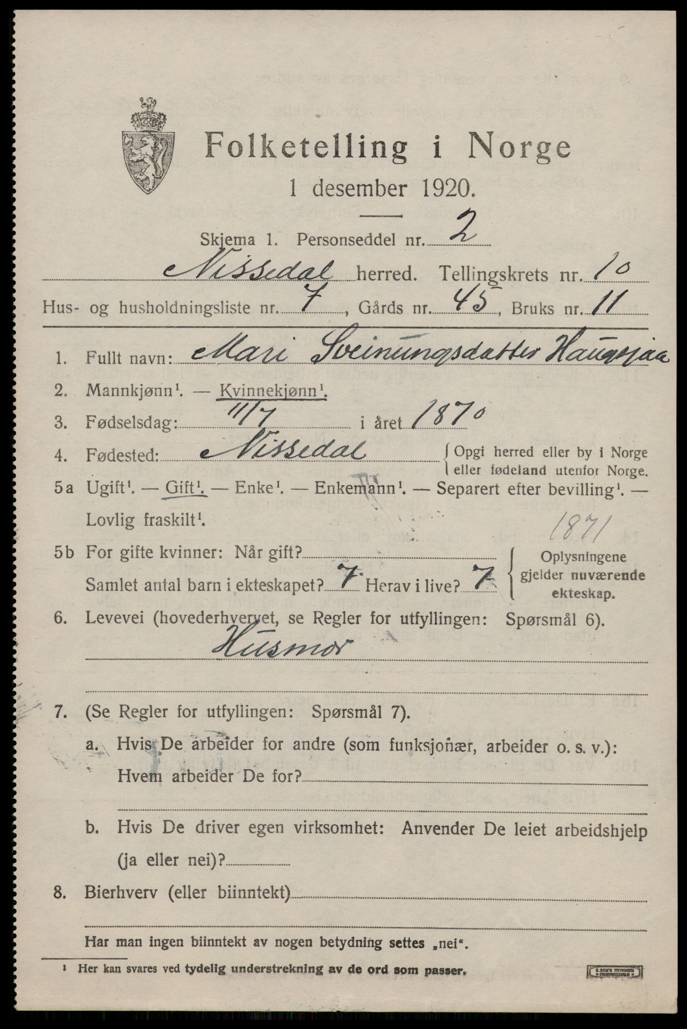 SAKO, Folketelling 1920 for 0830 Nissedal herred, 1920, s. 3933