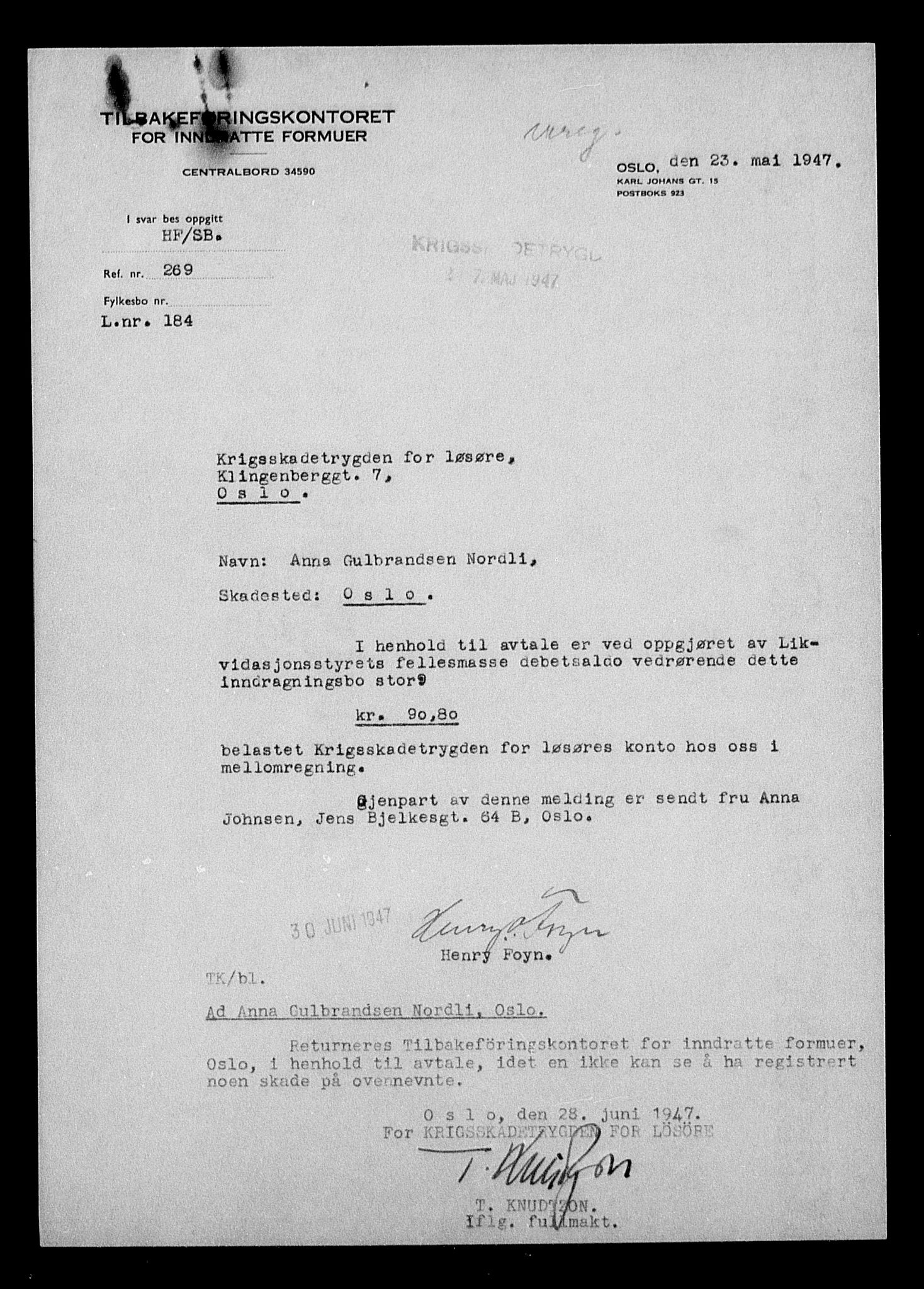 Justisdepartementet, Tilbakeføringskontoret for inndratte formuer, AV/RA-S-1564/H/Hc/Hcc/L0967: --, 1945-1947, s. 406