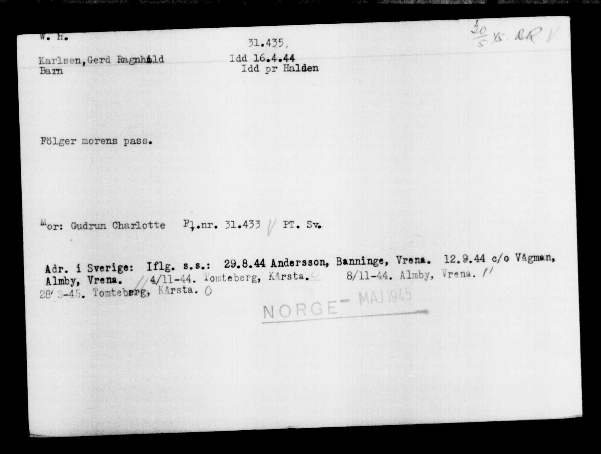 Utenriksstasjonene, Legasjonen i Stockholm, Flyktningkontoret, AV/RA-S-6753/V/Va/L0012: Kjesäterkartoteket, flyktninger med registreringsnr. 28300-31566, 1940-1945, s. 3395