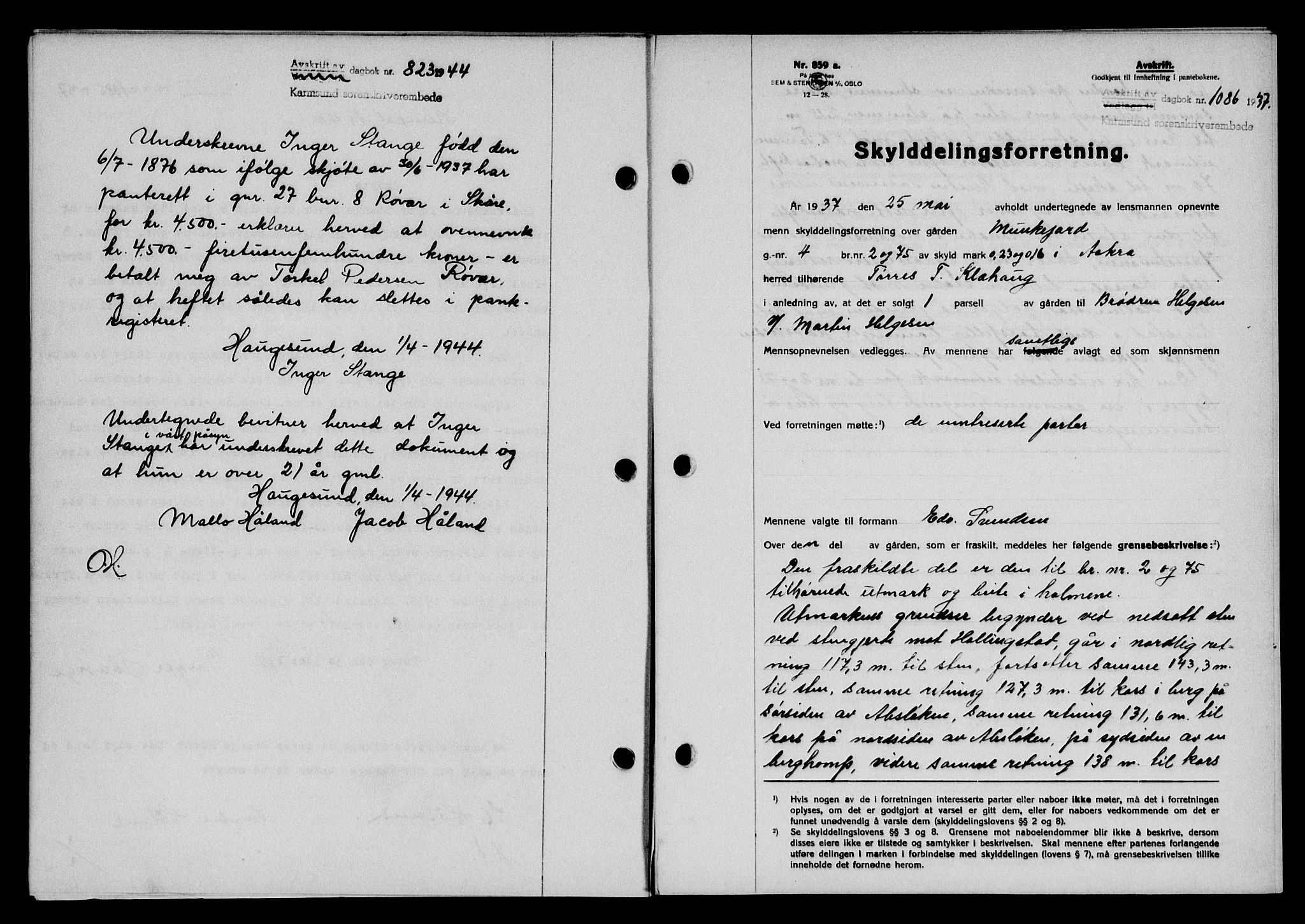 Karmsund sorenskriveri, SAST/A-100311/01/II/IIB/L0068: Pantebok nr. 49A, 1937-1937, Dagboknr: 1086/1937