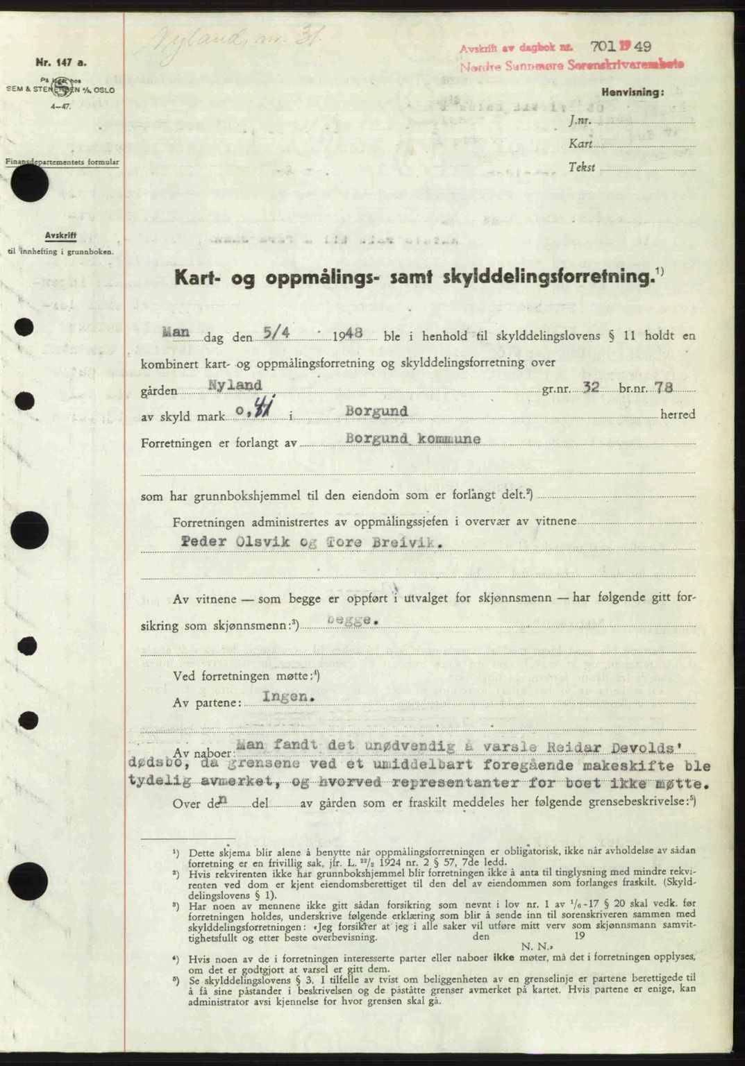 Nordre Sunnmøre sorenskriveri, SAT/A-0006/1/2/2C/2Ca: Pantebok nr. A30, 1949-1949, Dagboknr: 701/1949