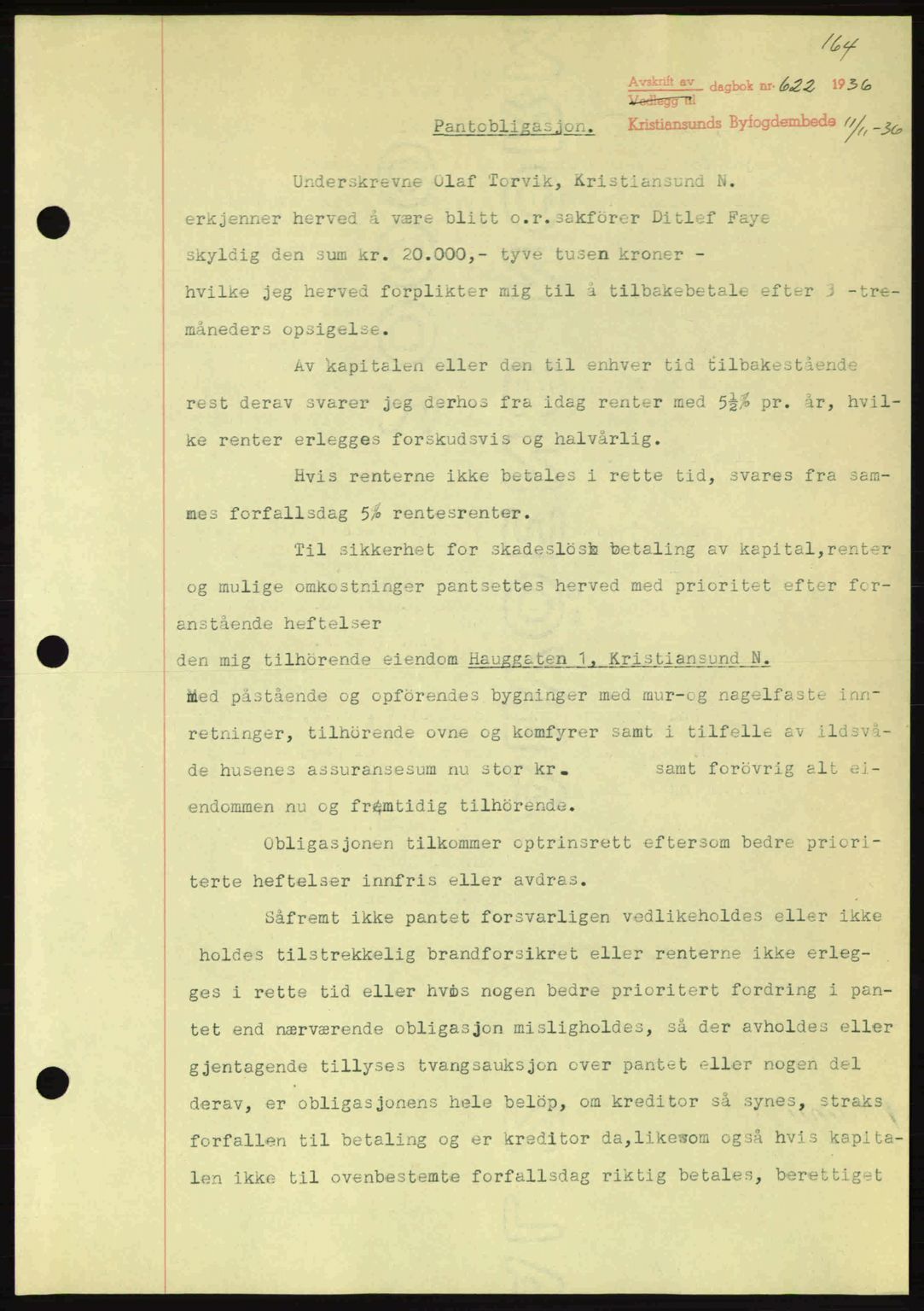 Kristiansund byfogd, AV/SAT-A-4587/A/27: Pantebok nr. 29, 1936-1937, Dagboknr: 622/1936