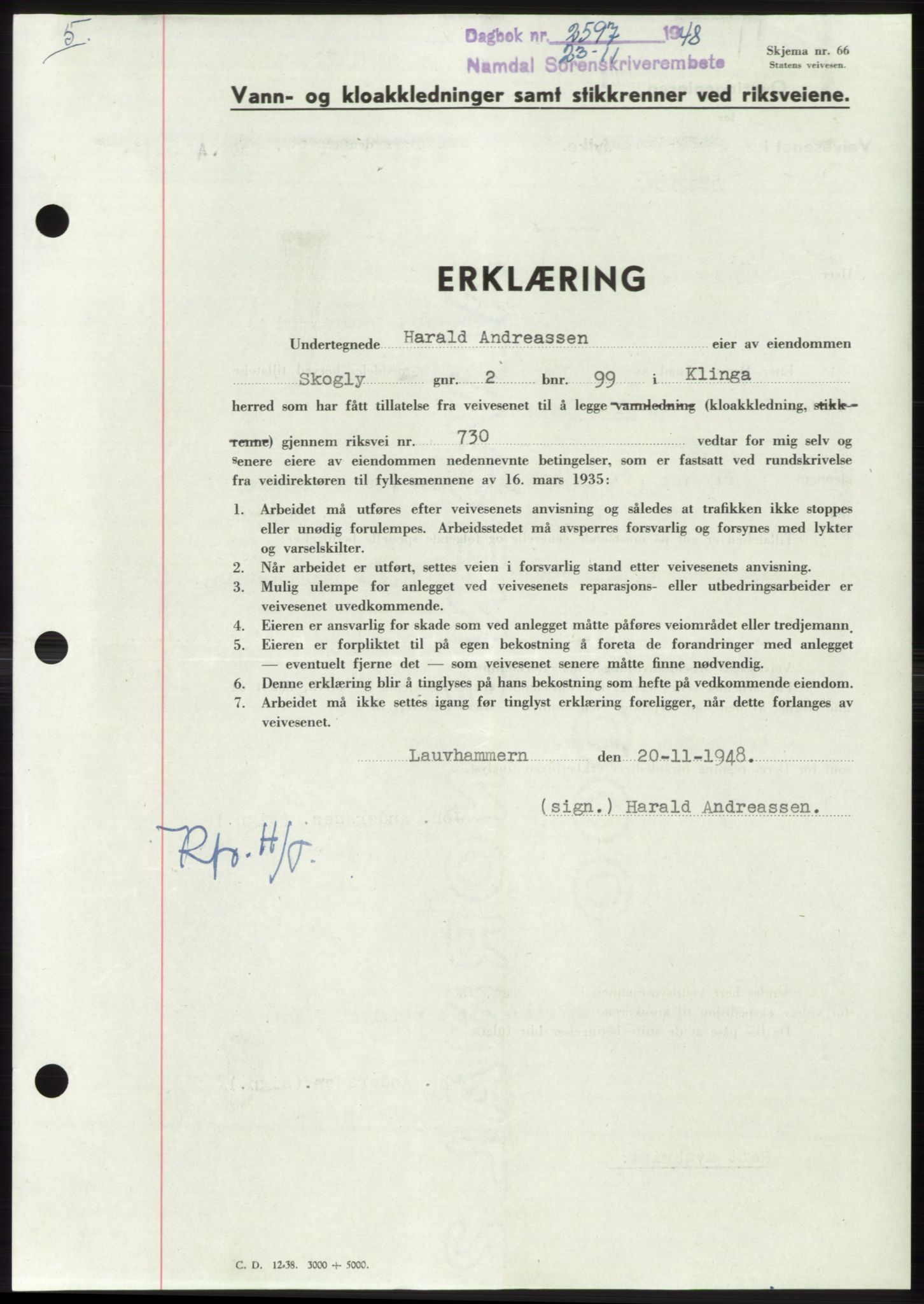 Namdal sorenskriveri, SAT/A-4133/1/2/2C: Pantebok nr. -, 1948-1948, Dagboknr: 2597/1948